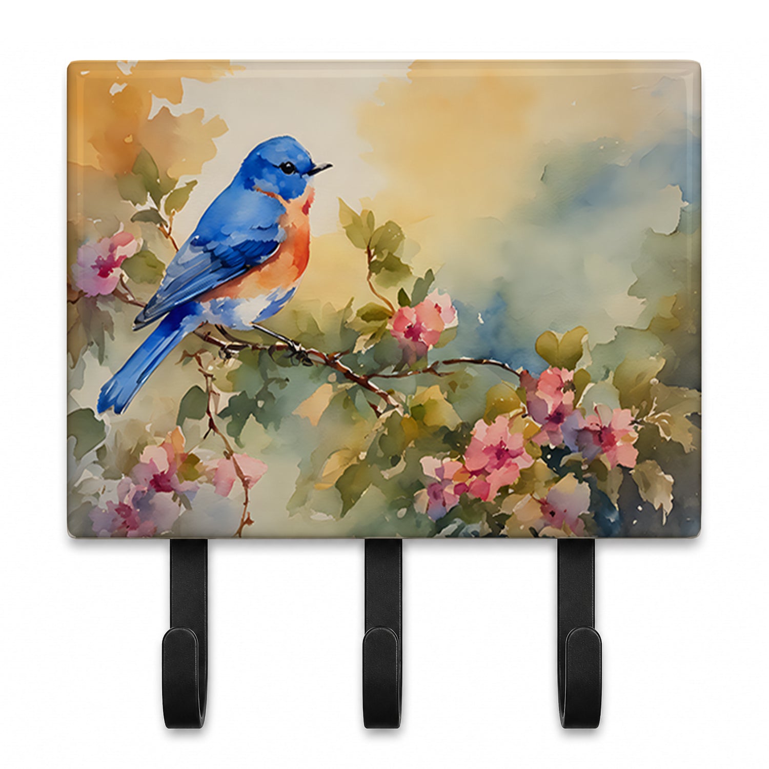 Eastern Bluebird with Blossoms Spring Leash or Key Holder Wall Hooks, Coat Rack Wall Mount, for Hanging Keys, Towels, Aprons, Leashes