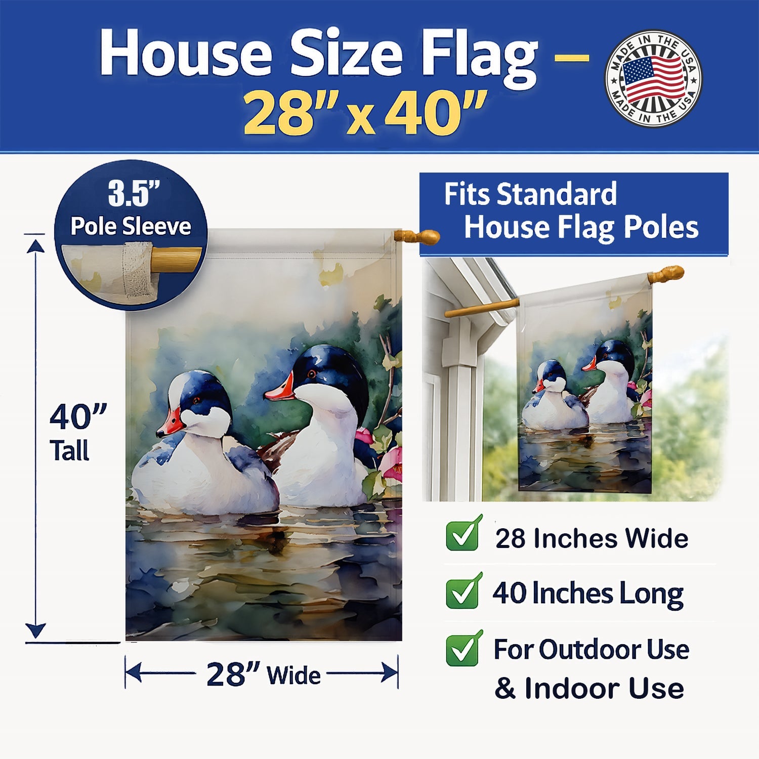 Bufflehead Hooded Merganser Pair Swimming House Flag 28x40 Porch Sleeve Pole Decorative Outside Yard Banner Artwork Wall Hanging, Polyester