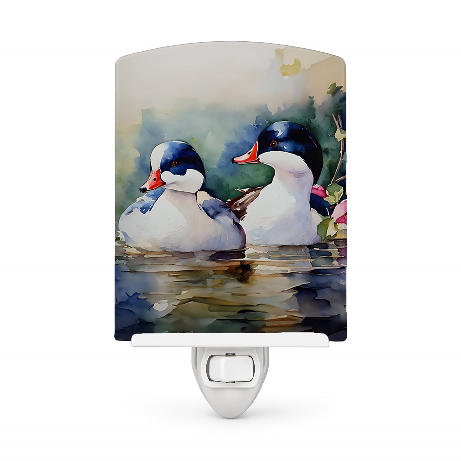 Bufflehead Hooded Merganser Pair Swimming Ceramic Night Light Compact, UL-Certified, Ideal for Bedroom, Bathroom, Nursery, Hallway, Kitchen, 6x4x3, Multicolor