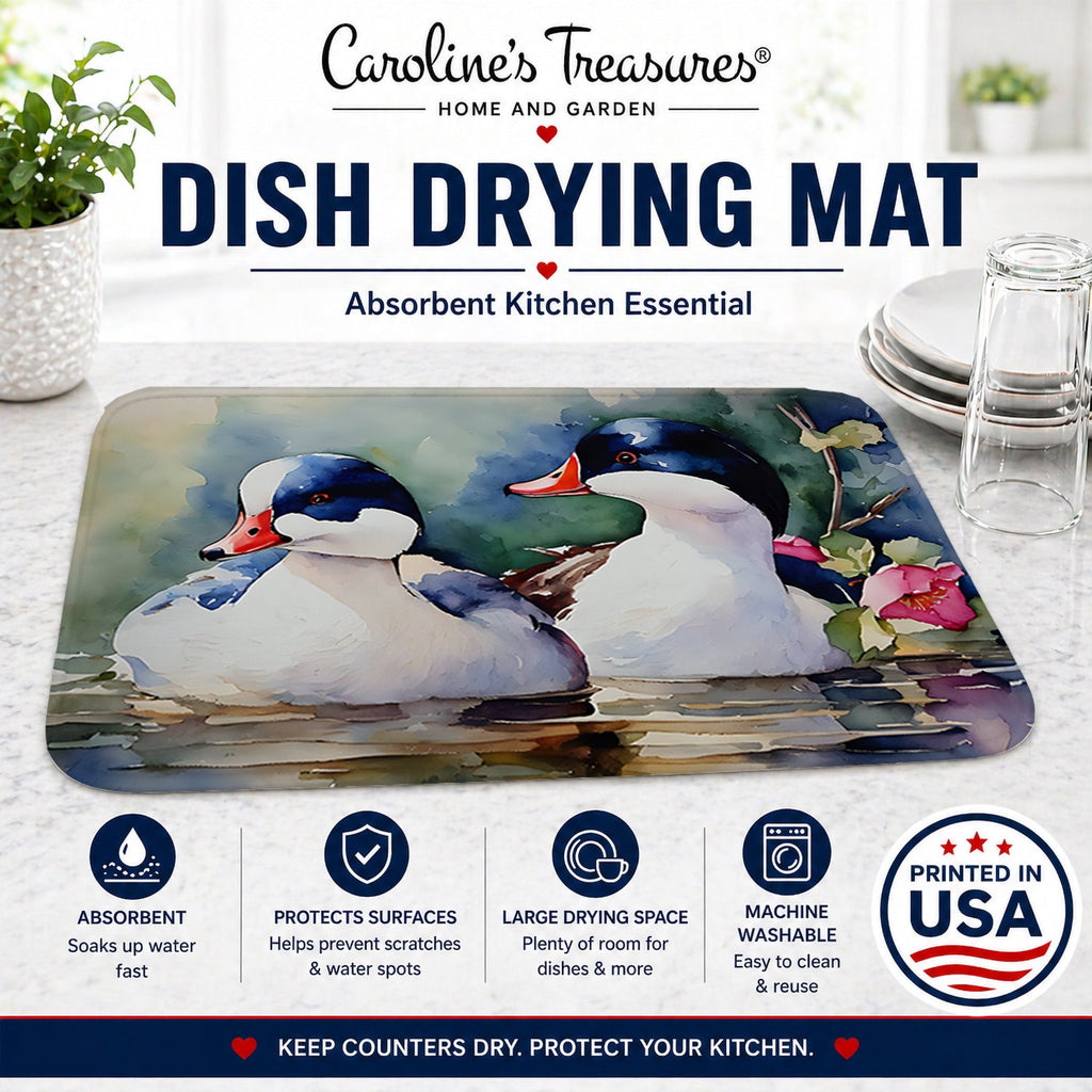 Bufflehead Hooded Merganser Pair Swimming Dish Drying Mat Absorbent Dish Drying Mat Pad for Kitchen Counter Dish Drainer Mat for Countertop, 14 x 21", Multicolor