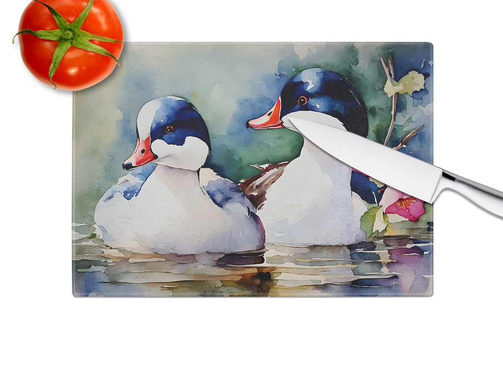 Bufflehead Hooded Merganser Pair Swimming Cutting Board Tempered Glass Kitchen Cutting Surface, Heat Resistant Chopping, Non-Slip Feet, Food Prep & Serving