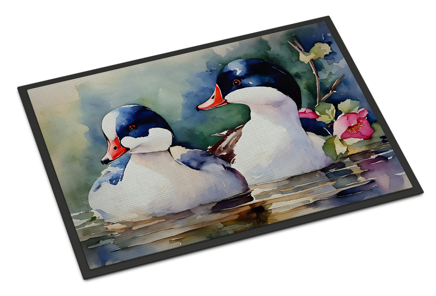 Bufflehead Hooded Merganser Pair Swimming Doormat Indoor Outdoor 18H X 27W Front Door Mat Rugs for Entryway, Non Slip Washable