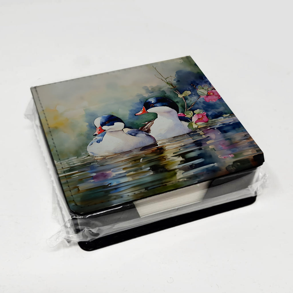 Bufflehead Hooded Merganser Pair Swimming PU Leather Note Paper Holder with Artist-Designed Cover, Desk Accessory, Office Gift