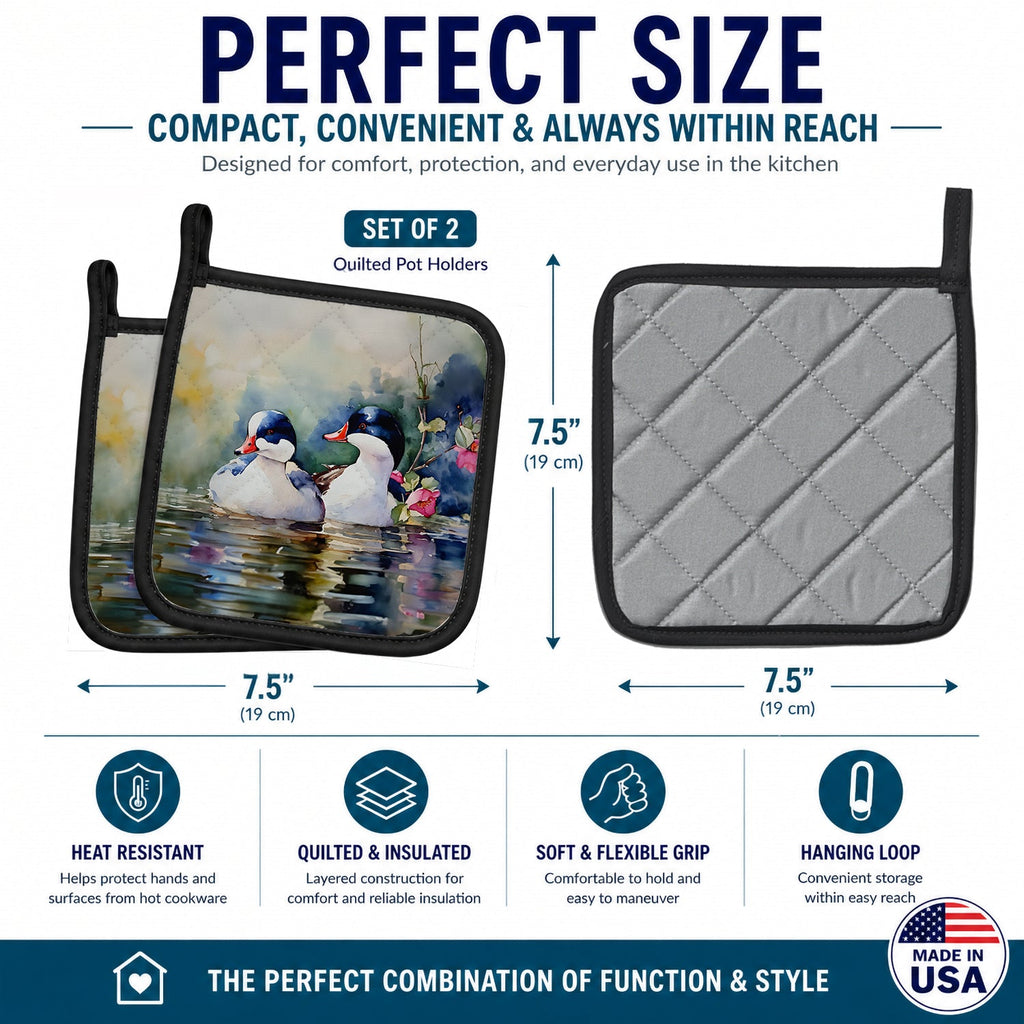 Bufflehead Hooded Merganser Pair Swimming Pot Holder Set of 2 Heat Resistant Quilted Hot Pads 7.5 x 7.5 Inch, Insulated Kitchen Trivets for Cooking & Baking