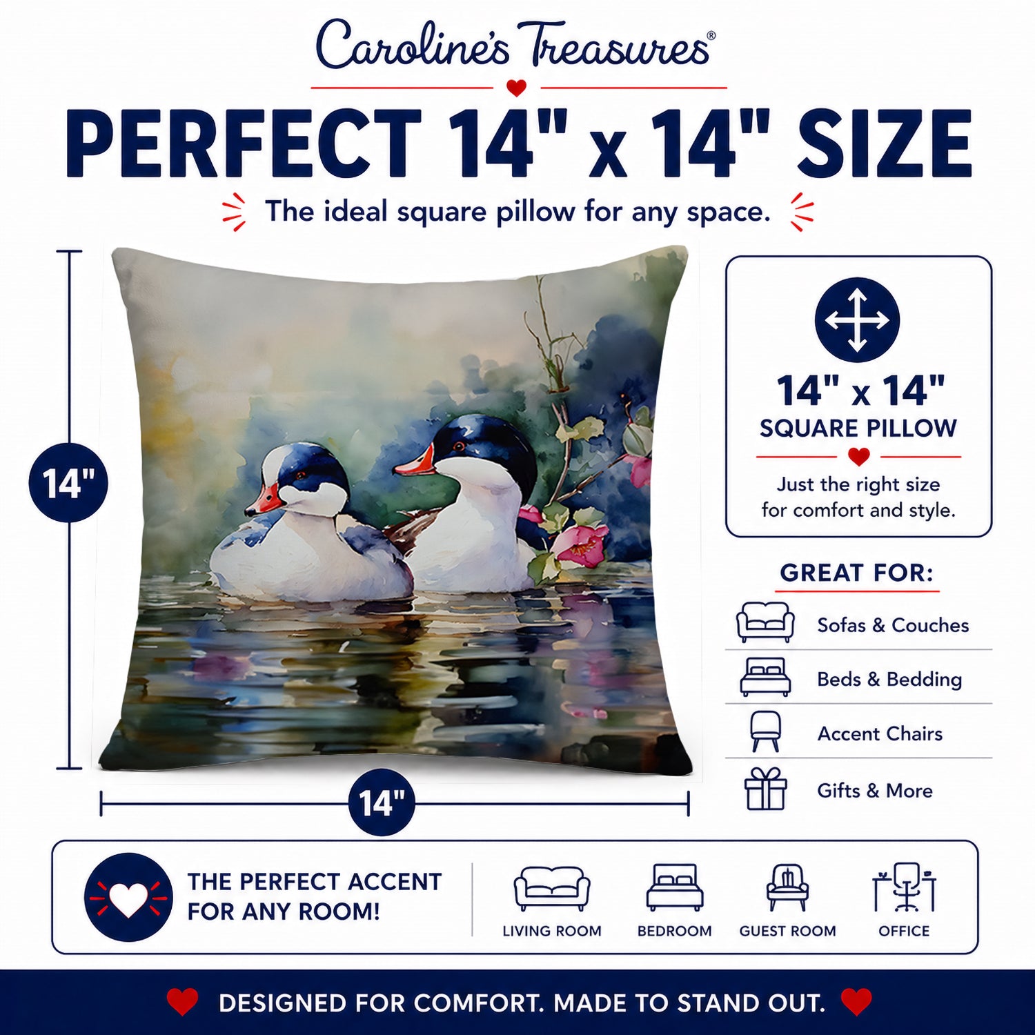 Bufflehead Hooded Merganser Pair Swimming Decorative Throw Pillow 14x14 Indoor Outdoor Accent Cushion, Fabric Cover with Insert for Sofa, Bed, Porch & Living Room