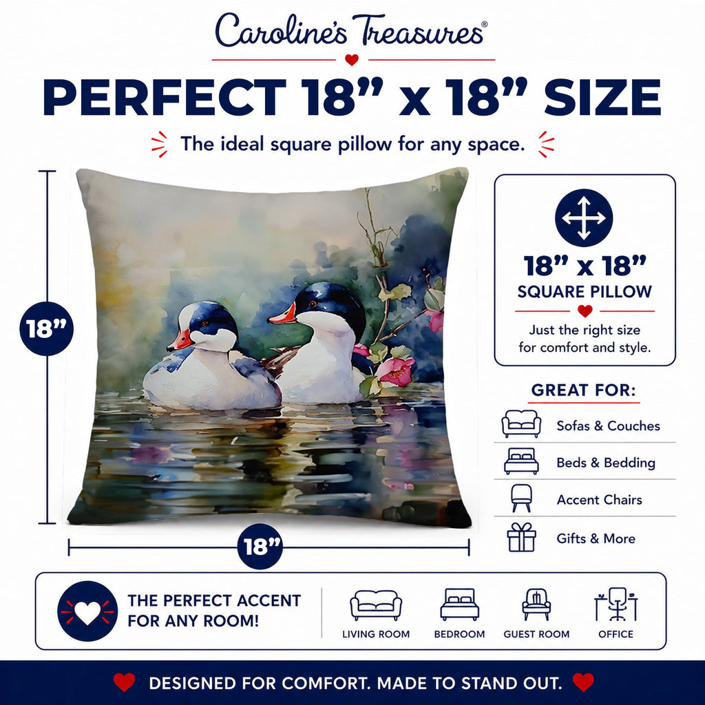 Bufflehead Hooded Merganser Pair Swimming Decorative Throw Pillow 18x18 Indoor Outdoor Accent Cushion, Fabric Cover with Insert for Sofa, Bed, Porch & Living Room