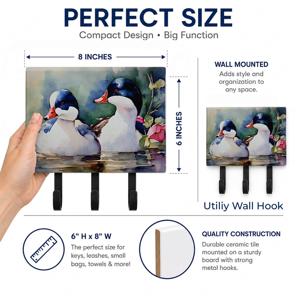 Bufflehead Hooded Merganser Pair Swimming Leash or Key Holder Wall Hooks, Coat Rack Wall Mount, for Hanging Keys, Towels, Aprons, Leashes