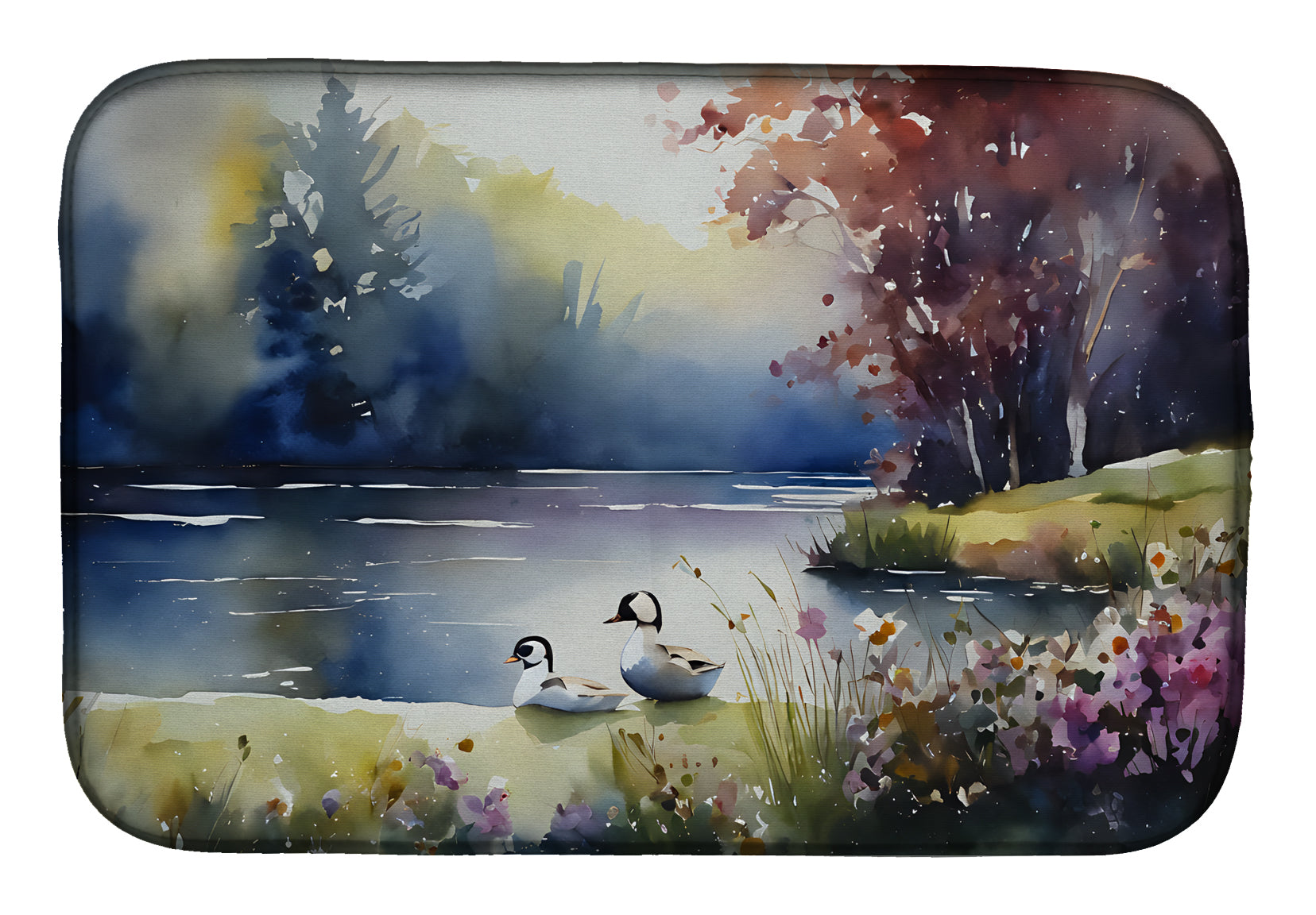 Bufflehead Ducks on Misty Lake Dish Drying Mat Absorbent Dish Drying Mat Pad for Kitchen Counter Dish Drainer Mat for Countertop, 14 x 21", Multicolor