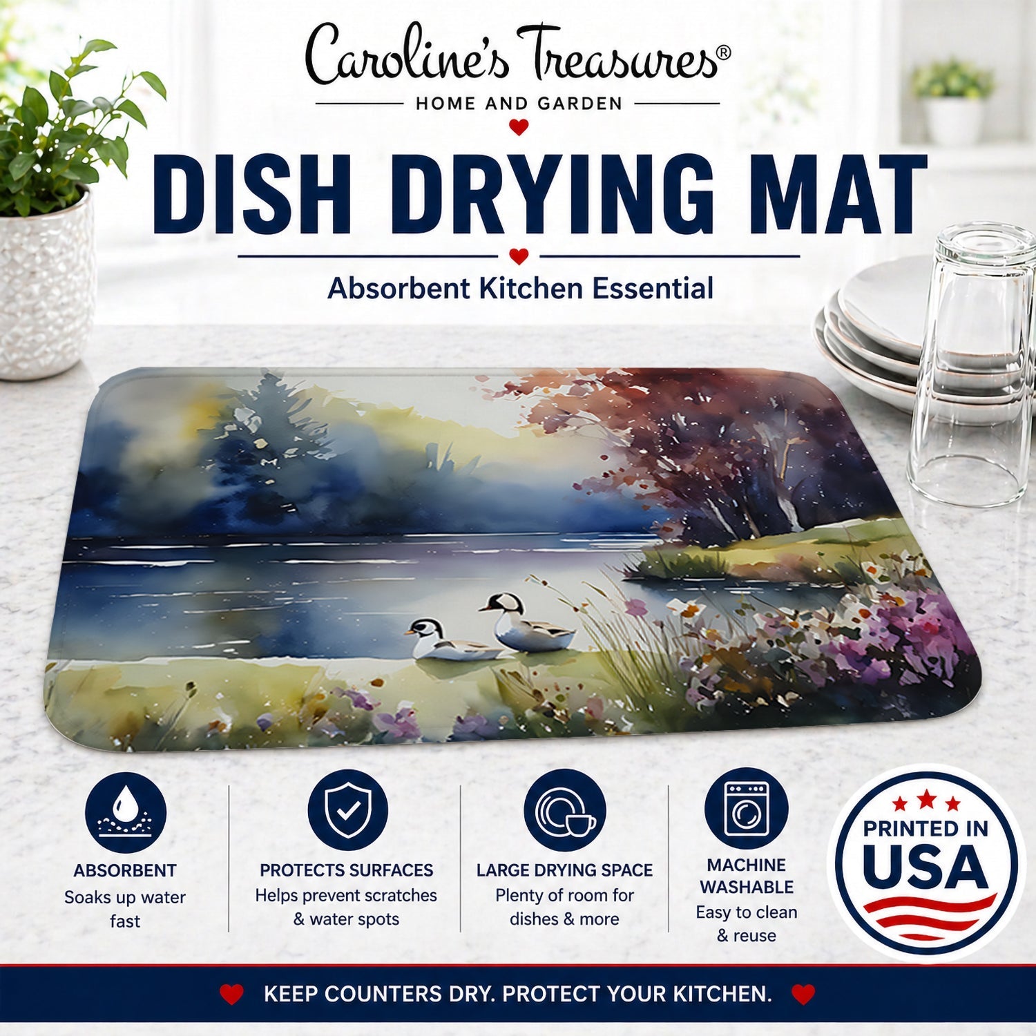 Bufflehead Ducks on Misty Lake Dish Drying Mat Absorbent Dish Drying Mat Pad for Kitchen Counter Dish Drainer Mat for Countertop, 14 x 21", Multicolor