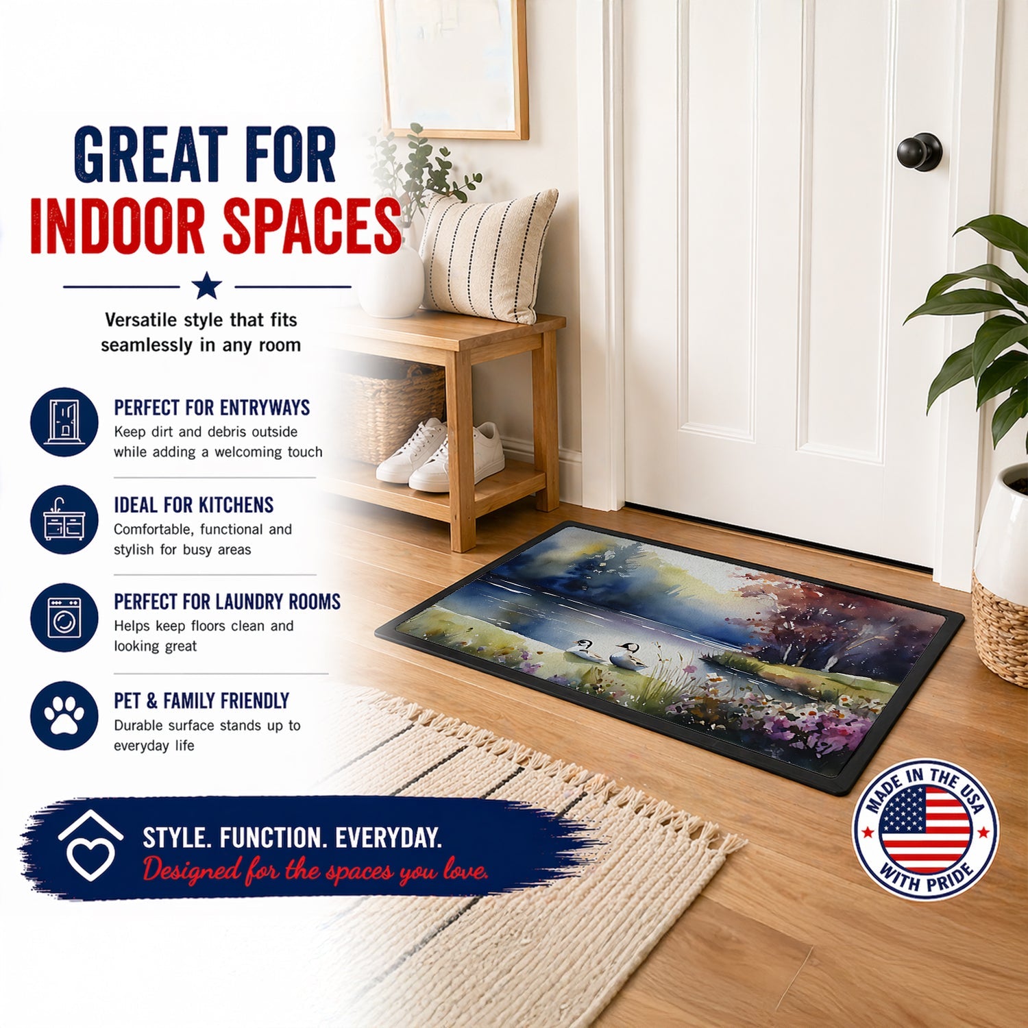 Bufflehead Ducks on Misty Lake Doormat Indoor Outdoor 24H X 36W Front Door Mat Rugs for Entryway, Non Slip Washable Low Pile,
