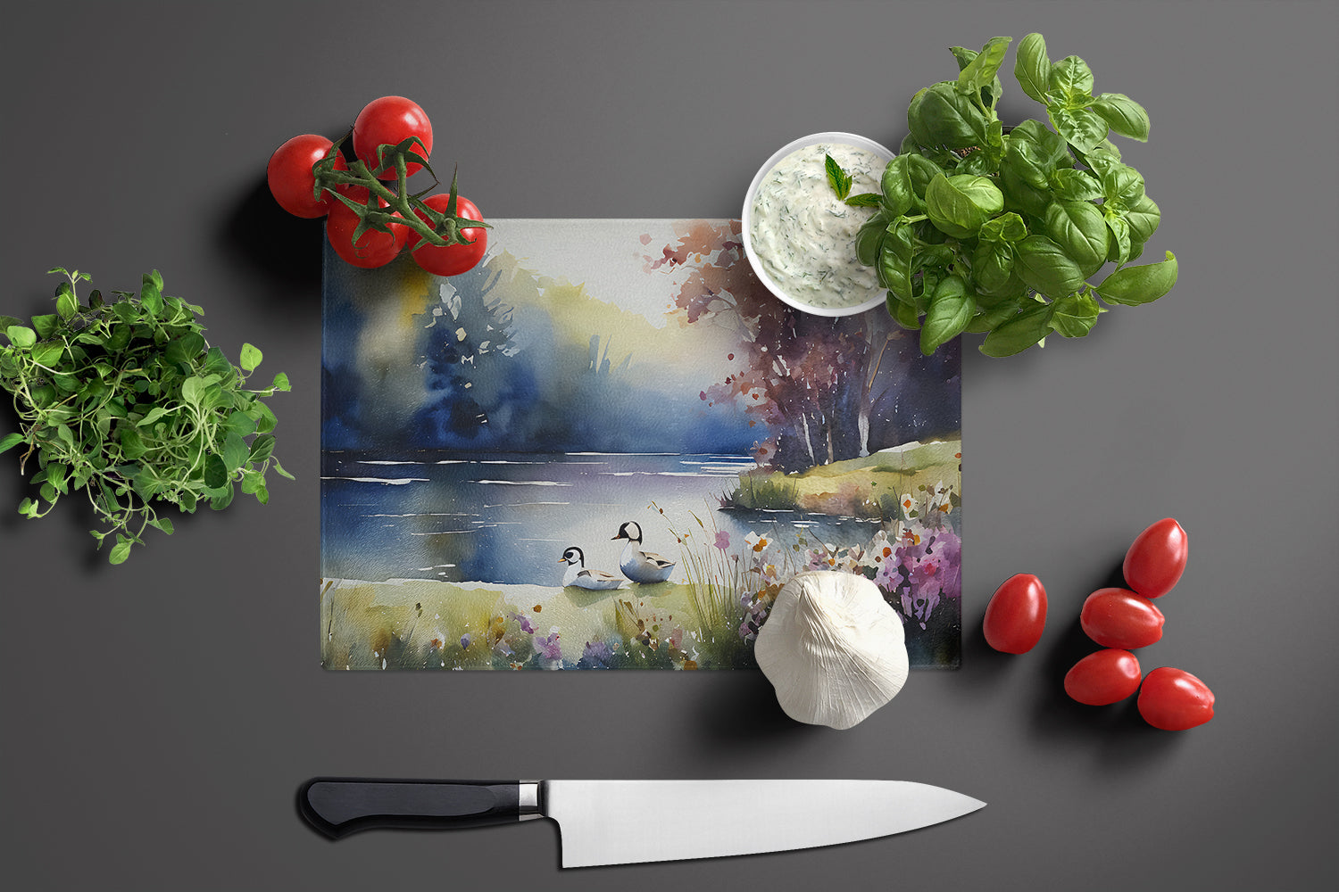 Bufflehead Ducks on Misty Lake Cutting Board Tempered Glass Kitchen Cutting Surface, Heat Resistant Chopping, Non-Slip Feet, Food Prep & Serving
