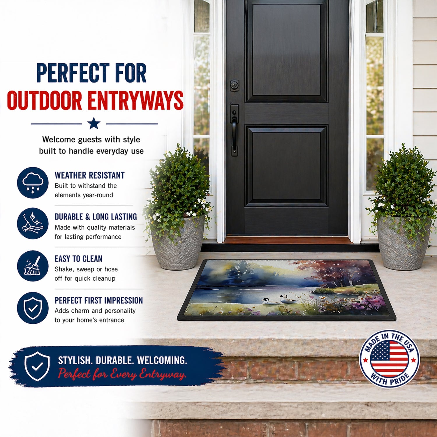 Bufflehead Ducks on Misty Lake Doormat Indoor Outdoor 18H X 27W Front Door Mat Rugs for Entryway, Non Slip Washable