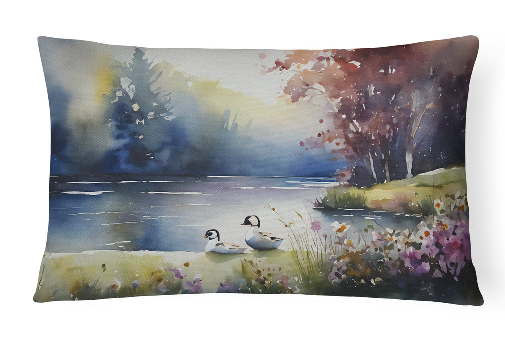 Bufflehead Ducks on Misty Lake Decorative Throw Pillow 12x16 Indoor Outdoor Accent Cushion, Fabric Cover with Insert for Sofa, Bed, Porch & Living Room