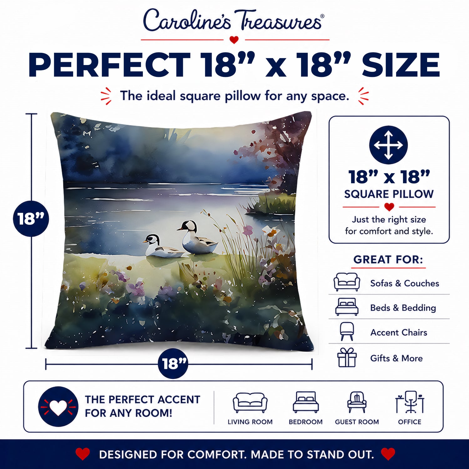 Bufflehead Ducks on Misty Lake Decorative Throw Pillow 18x18 Indoor Outdoor Accent Cushion, Fabric Cover with Insert for Sofa, Bed, Porch & Living Room