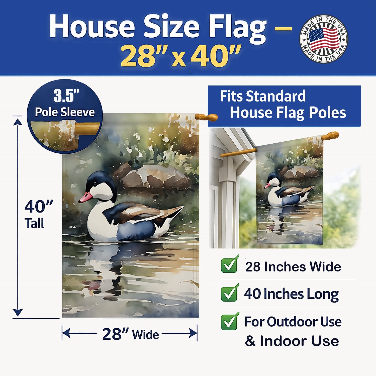 Bufflehead Ducks Swimming Marsh Scene House Flag 28x40 Porch Sleeve Pole Decorative Outside Yard Banner Artwork Wall Hanging, Polyester
