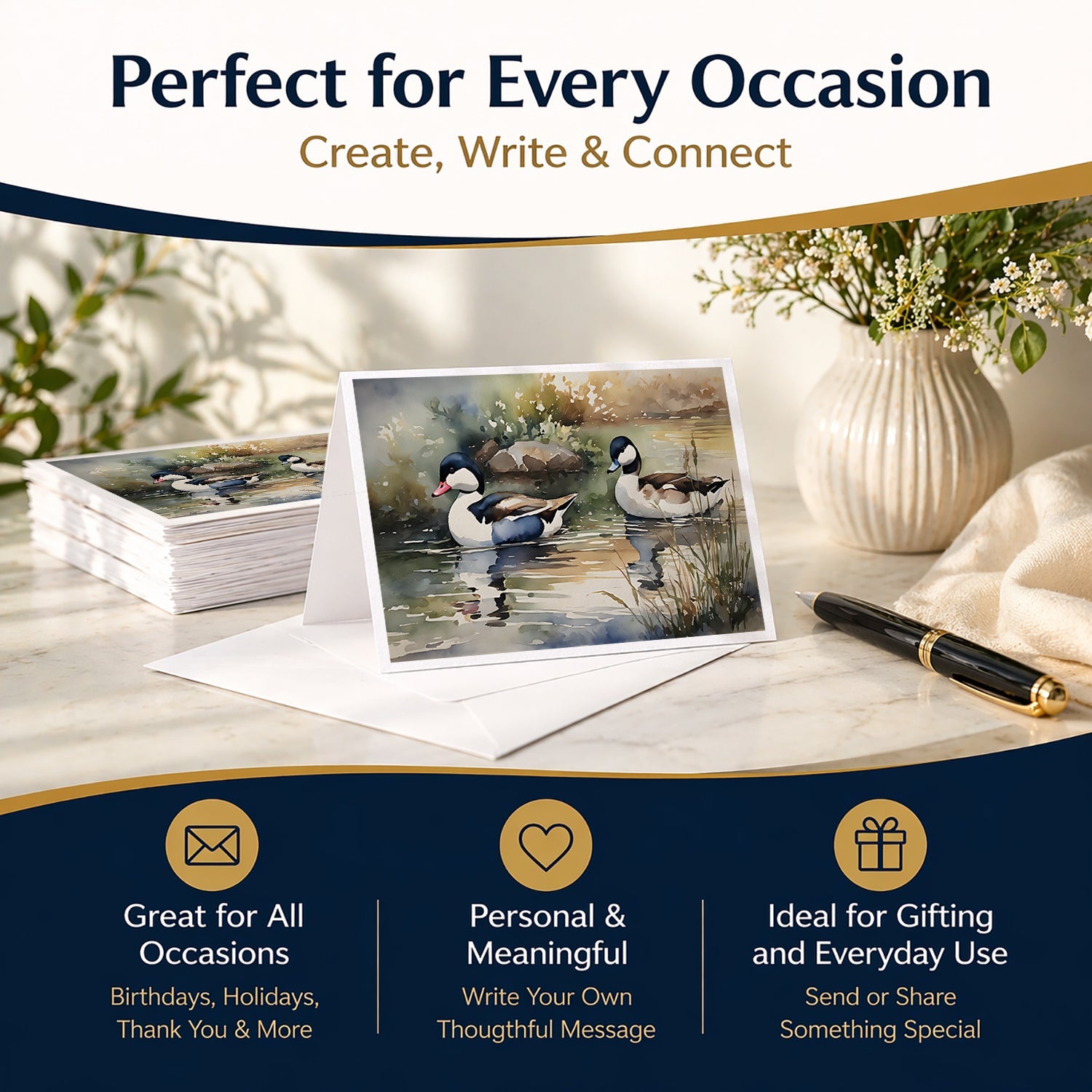 Bufflehead Ducks Swimming Marsh Scene Greeting Cards Pack of 8 Blank Cards with Envelopes Whimsical A7 Size 5x7