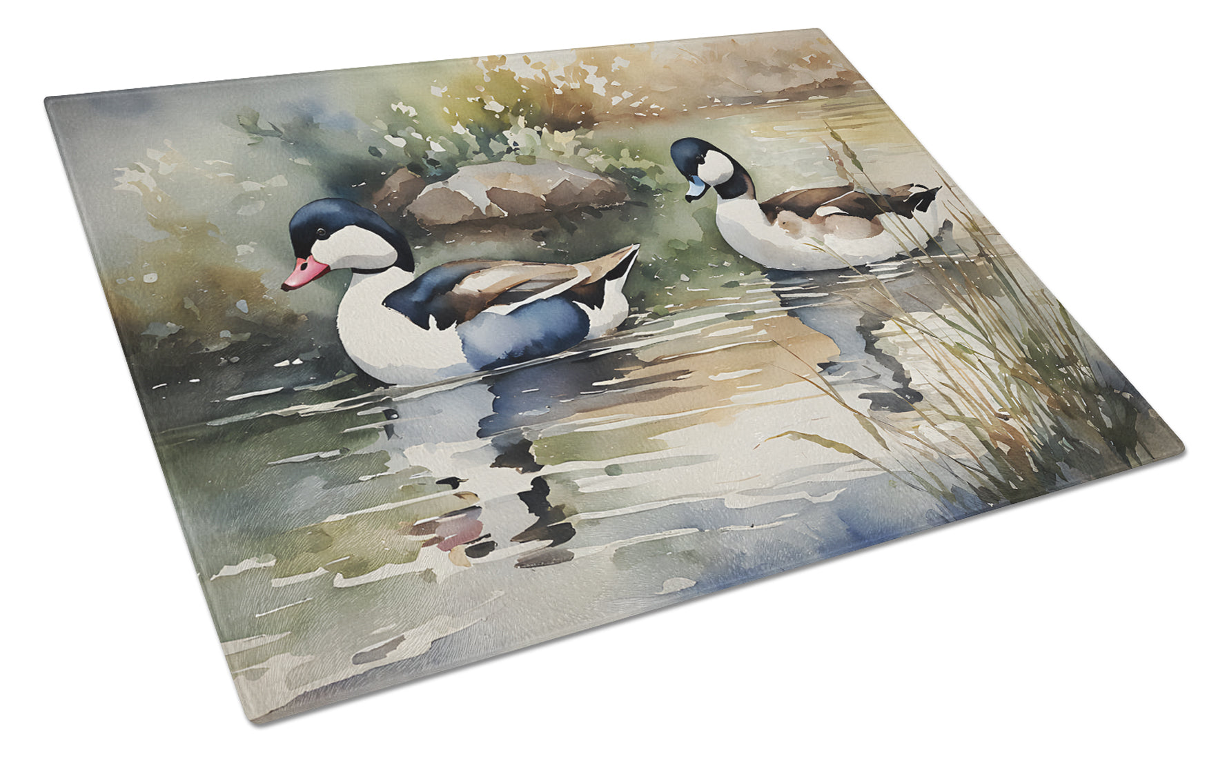Bufflehead Ducks Swimming Marsh Scene Cutting Board Tempered Glass Kitchen Cutting Surface, Heat Resistant Chopping, Non-Slip Feet, Food Prep & Serving