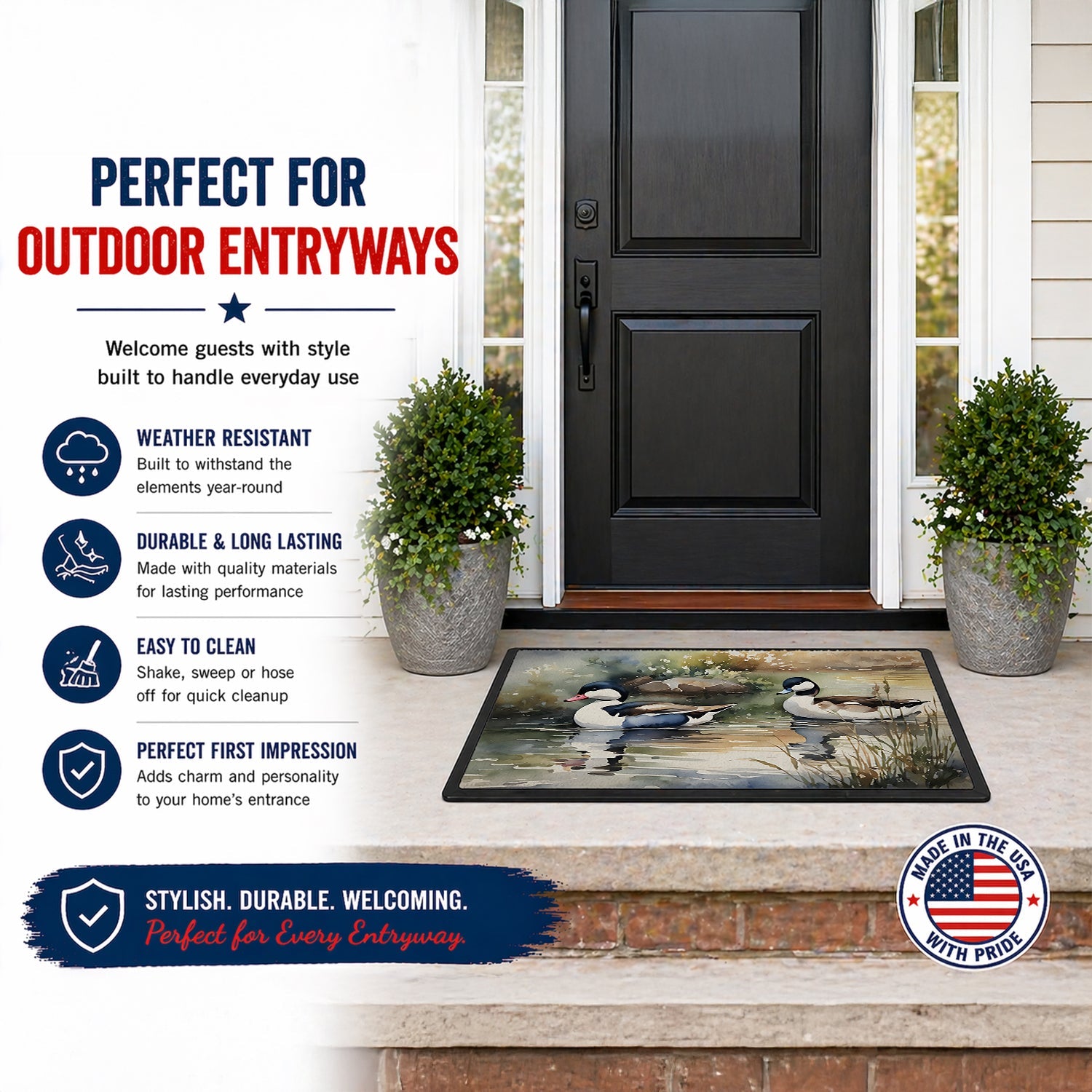 Bufflehead Ducks Swimming Marsh Scene Doormat Indoor Outdoor 18H X 27W Front Door Mat Rugs for Entryway, Non Slip Washable