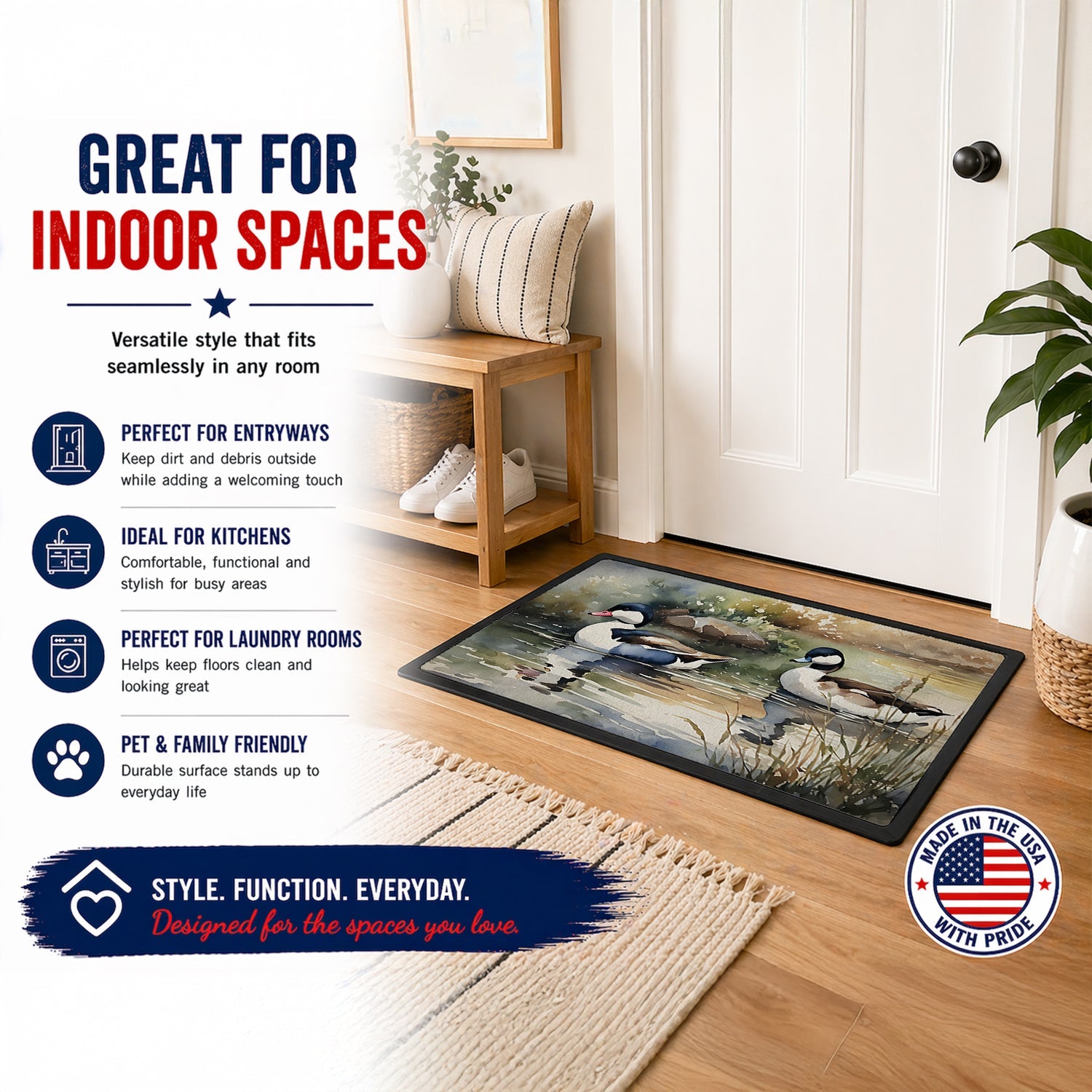 Bufflehead Ducks Swimming Marsh Scene Doormat Indoor Outdoor 18H X 27W Front Door Mat Rugs for Entryway, Non Slip Washable