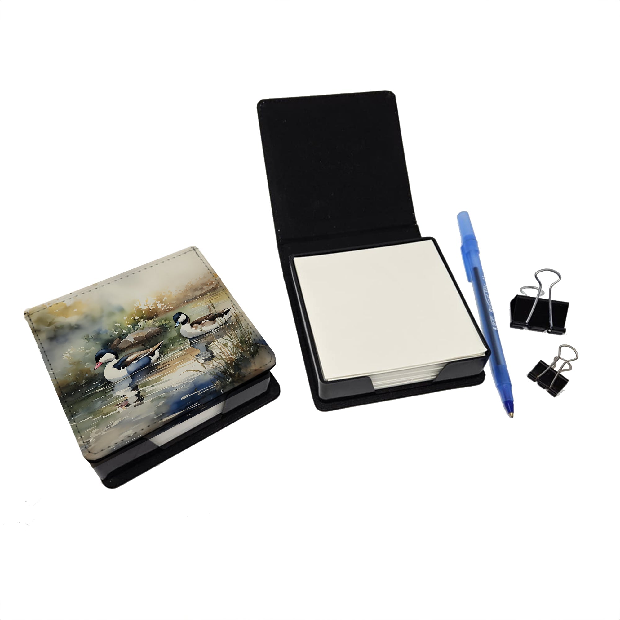 Bufflehead Ducks Swimming Marsh Scene PU Leather Note Paper Holder with Artist-Designed Cover, Desk Accessory, Office Gift