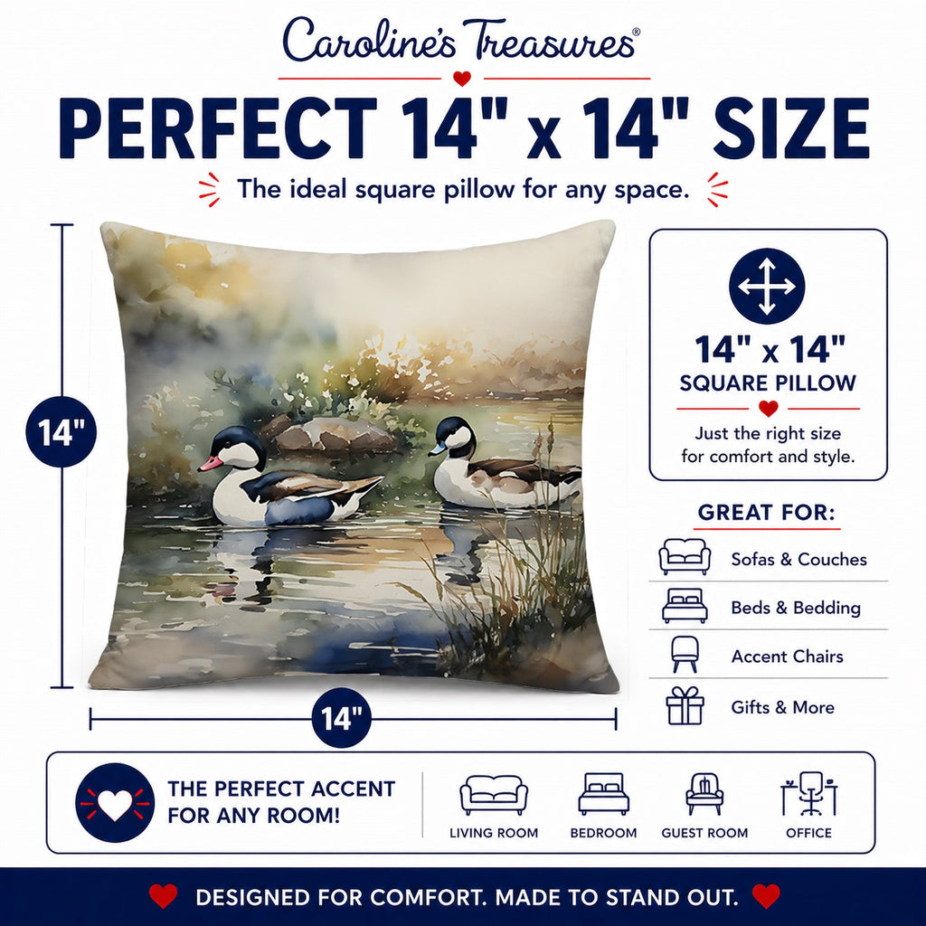 Bufflehead Ducks Swimming Marsh Scene Decorative Throw Pillow 14x14 Indoor Outdoor Accent Cushion, Fabric Cover with Insert for Sofa, Bed, Porch & Living Room