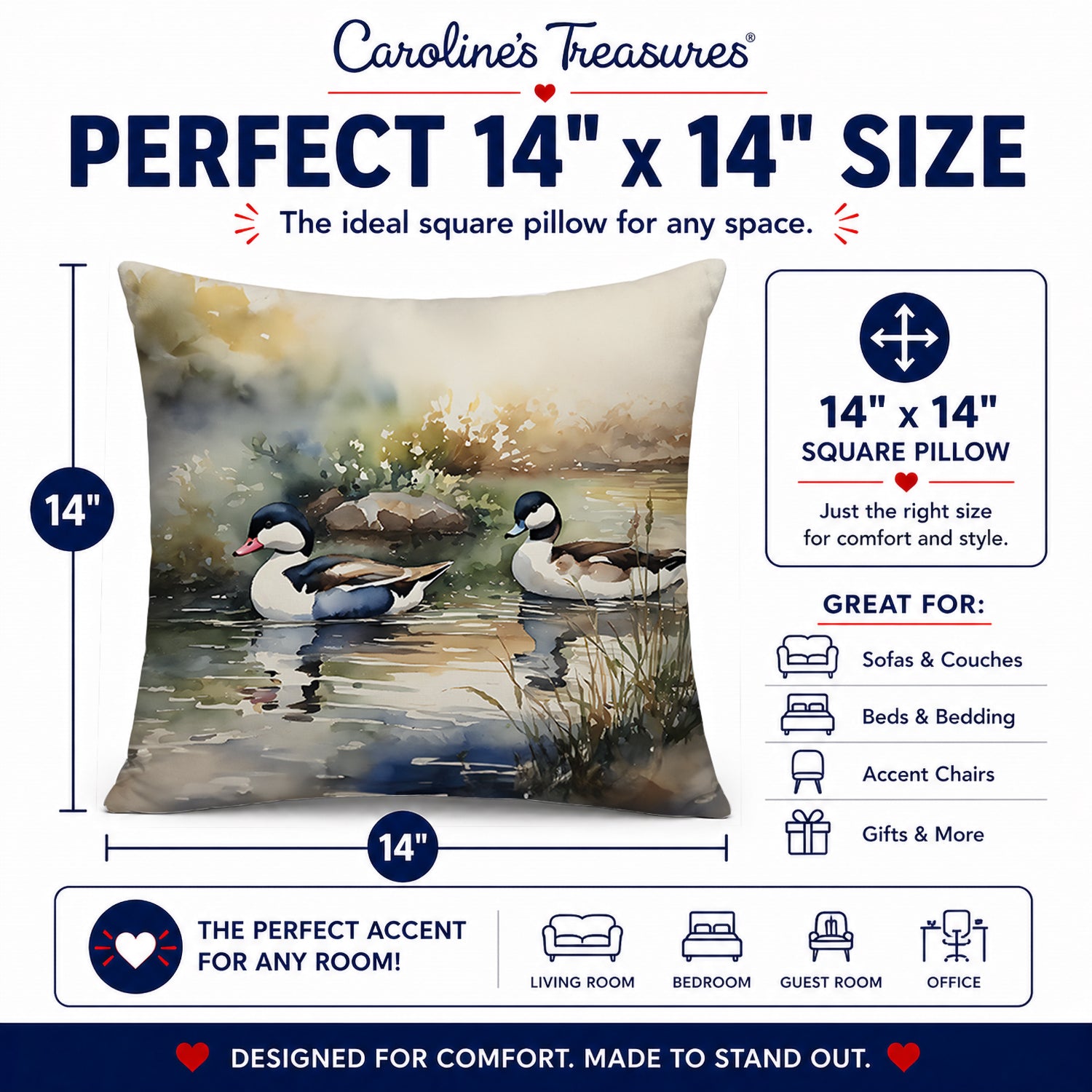 Bufflehead Ducks Swimming Marsh Scene Decorative Throw Pillow 14x14 Indoor Outdoor Accent Cushion, Fabric Cover with Insert for Sofa, Bed, Porch & Living Room