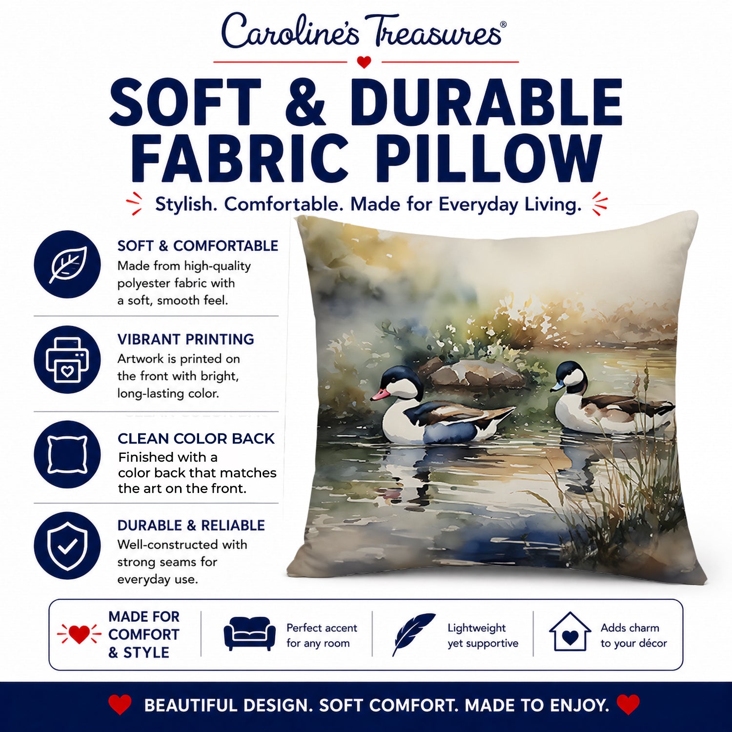 Bufflehead Ducks Swimming Marsh Scene Decorative Throw Pillow 18x18 Indoor Outdoor Accent Cushion, Fabric Cover with Insert for Sofa, Bed, Porch & Living Room