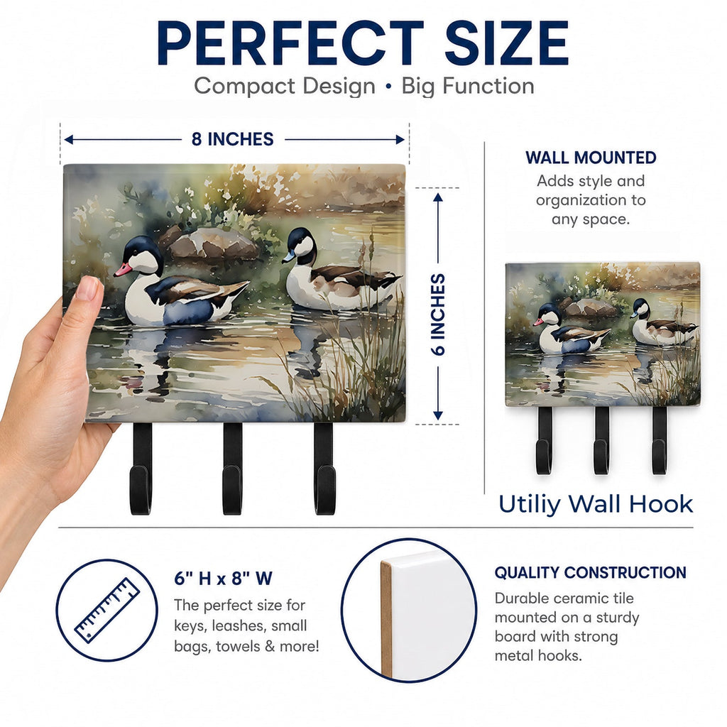 Bufflehead Ducks Swimming Marsh Scene Leash or Key Holder Wall Hooks, Coat Rack Wall Mount, for Hanging Keys, Towels, Aprons, Leashes