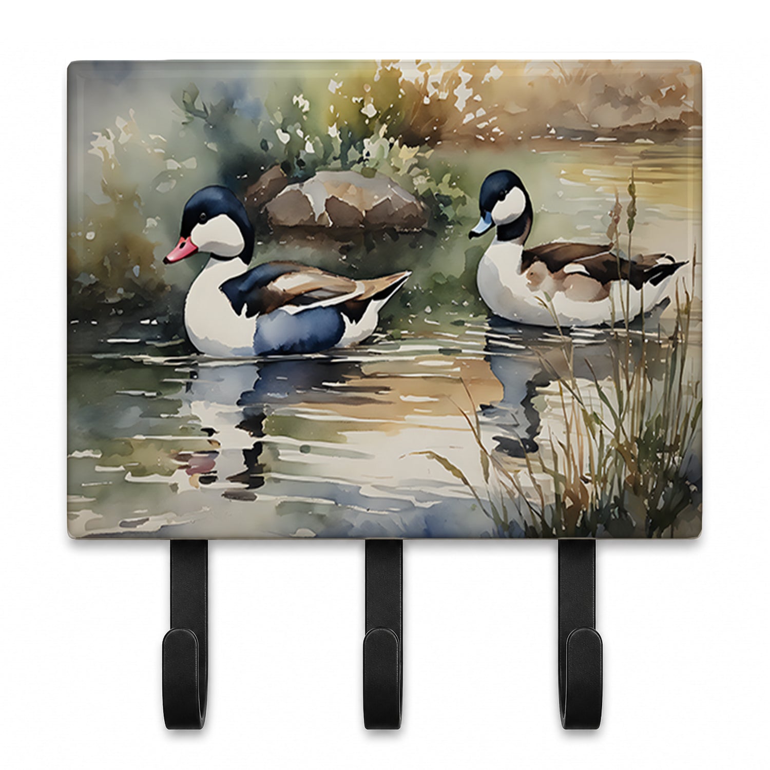 Bufflehead Ducks Swimming Marsh Scene Leash or Key Holder Wall Hooks, Coat Rack Wall Mount, for Hanging Keys, Towels, Aprons, Leashes