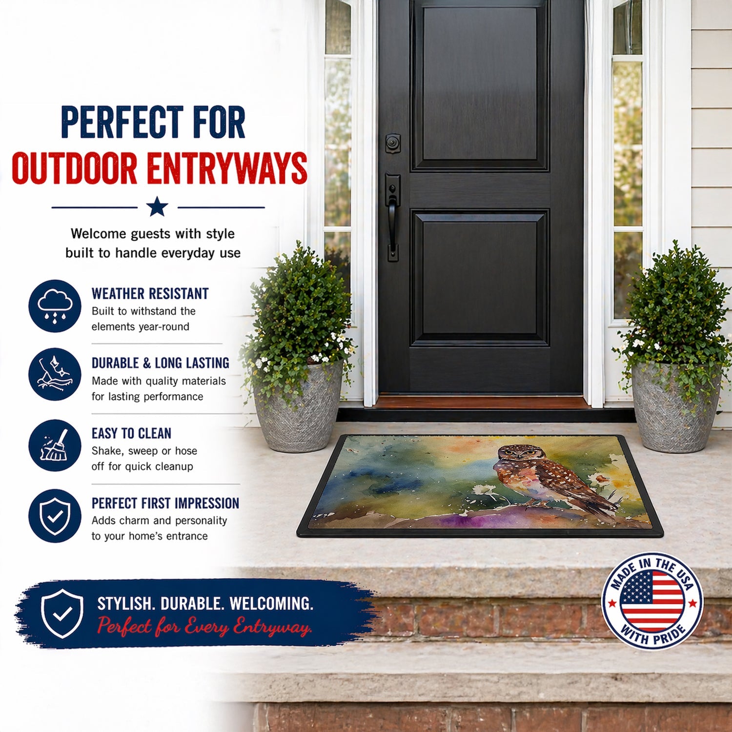 Burrowing Owl Wildlife Portrait Doormat Indoor Outdoor 18H X 27W Front Door Mat Rugs for Entryway, Non Slip Washable