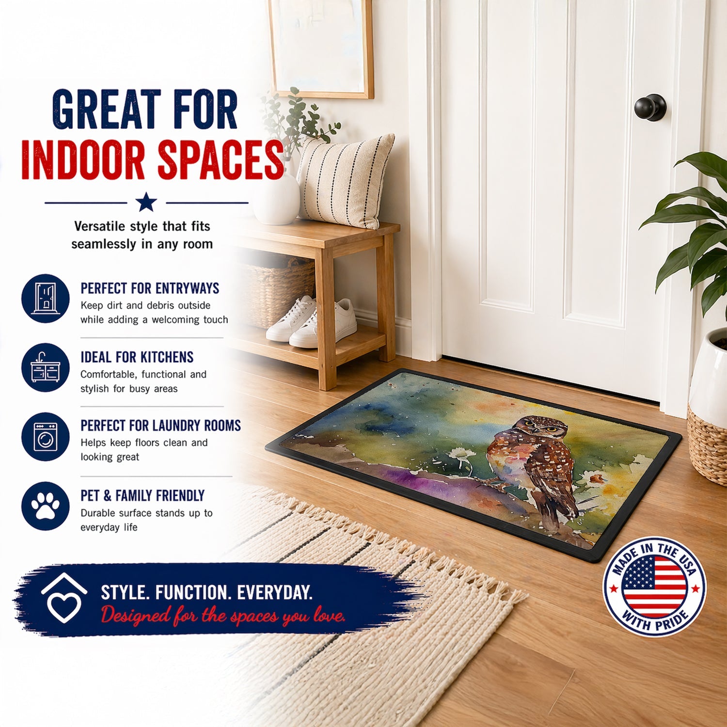 Burrowing Owl Wildlife Portrait Doormat Indoor Outdoor 18H X 27W Front Door Mat Rugs for Entryway, Non Slip Washable