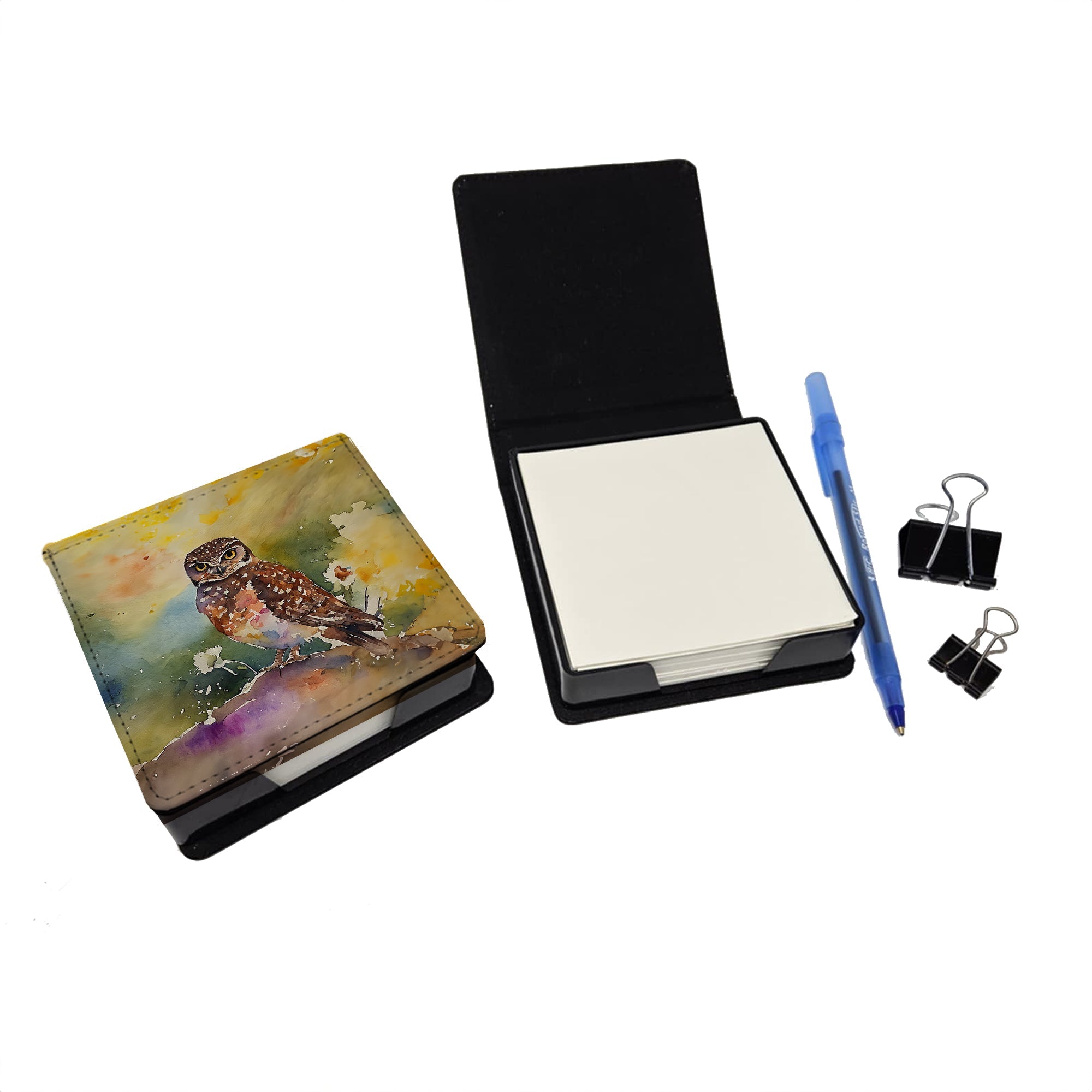 Burrowing Owl Wildlife Portrait PU Leather Note Paper Holder with Artist-Designed Cover, Desk Accessory, Office Gift