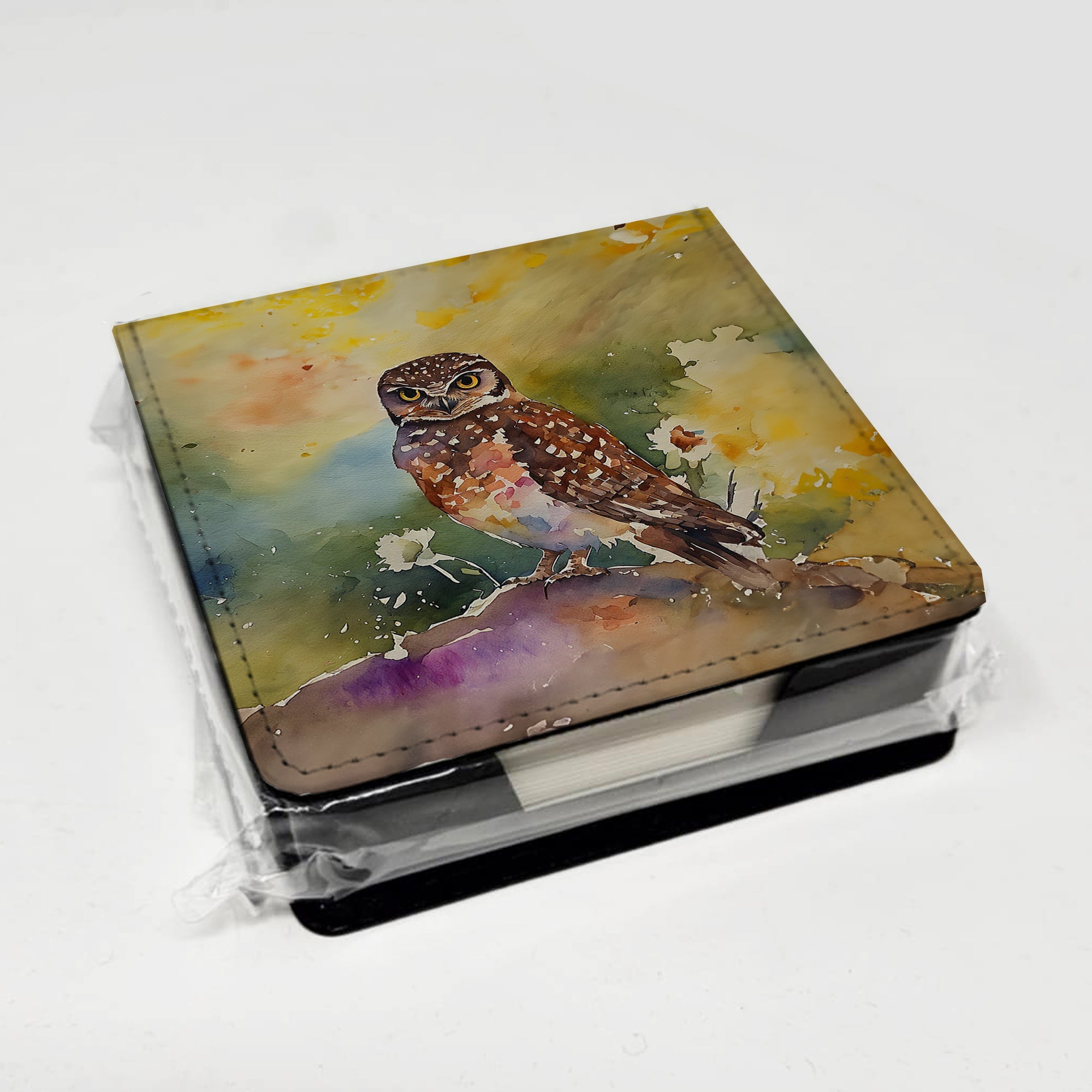 Burrowing Owl Wildlife Portrait PU Leather Note Paper Holder with Artist-Designed Cover, Desk Accessory, Office Gift
