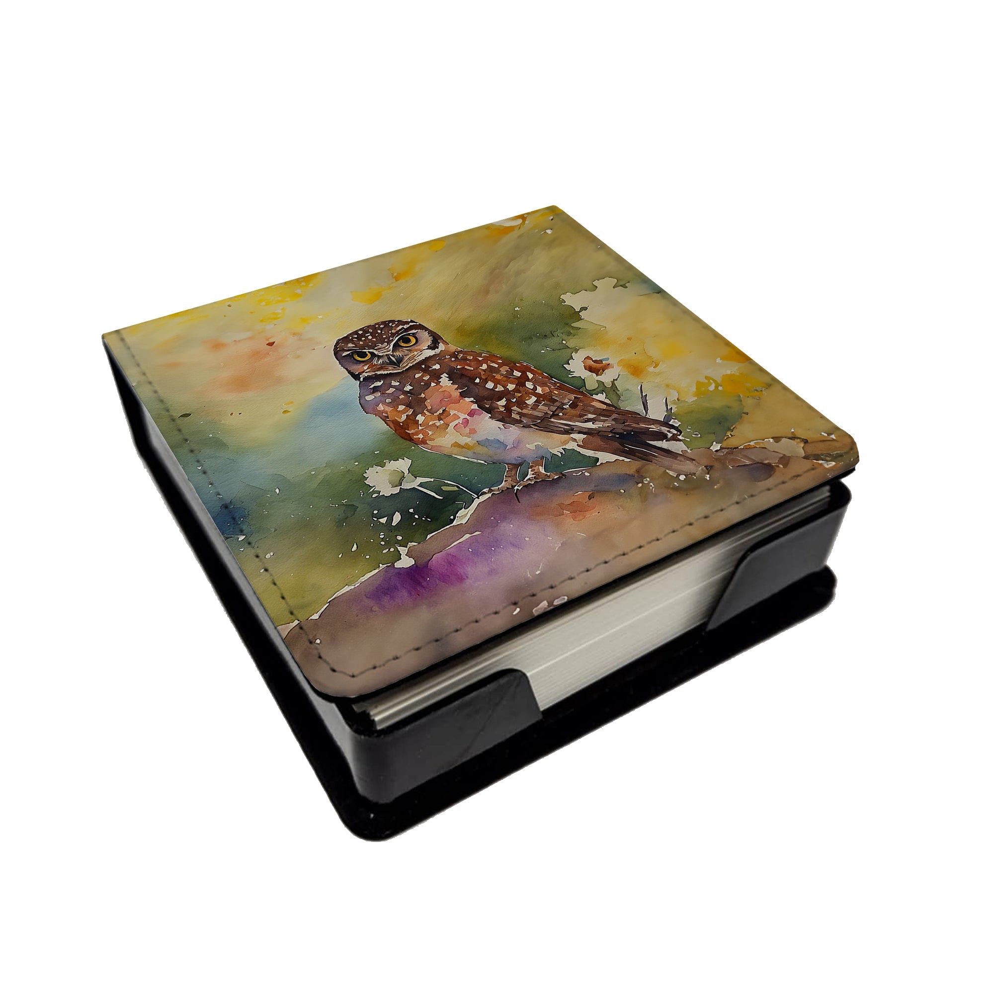 Burrowing Owl Wildlife Portrait PU Leather Note Paper Holder with Artist-Designed Cover, Desk Accessory, Office Gift