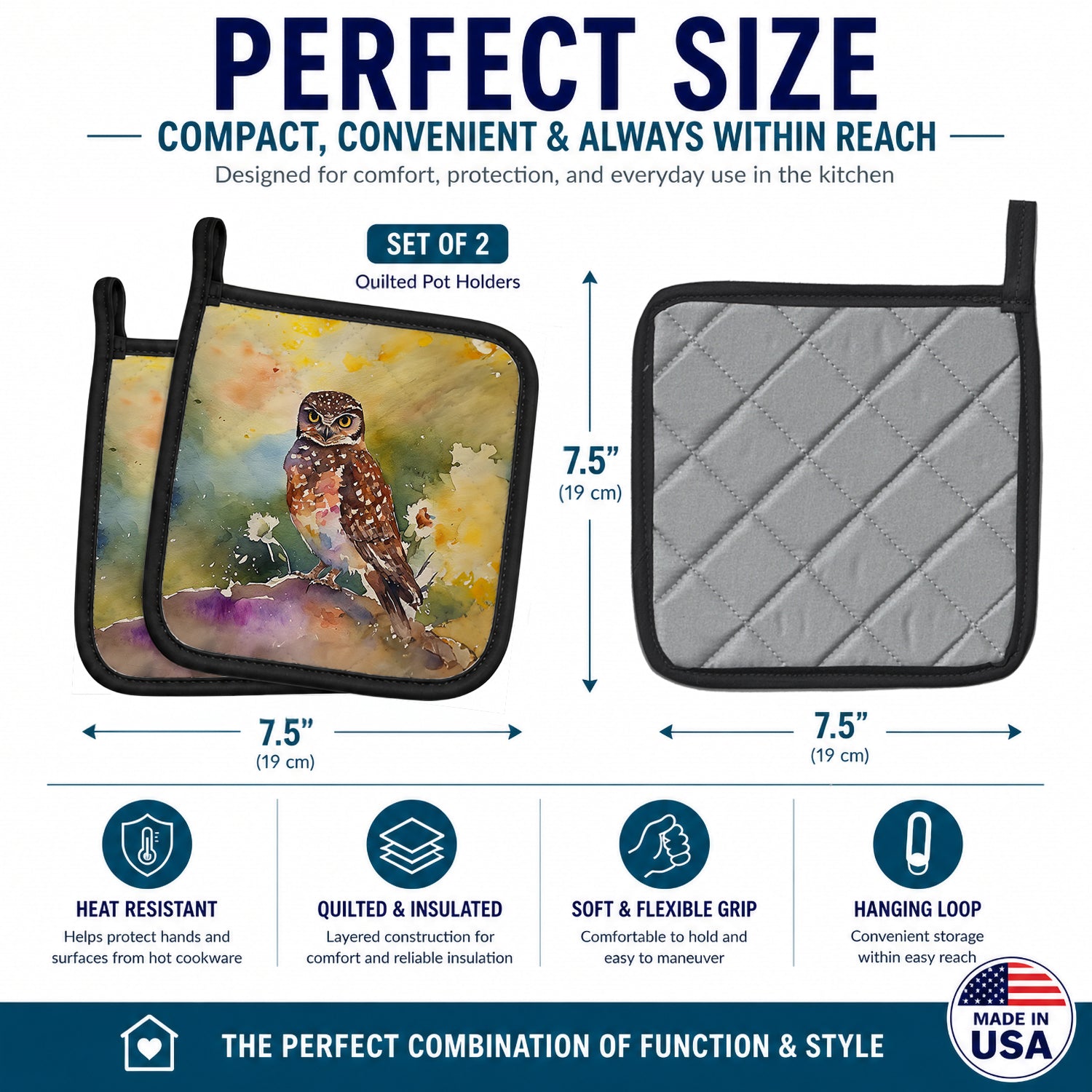 Burrowing Owl Wildlife Portrait Pot Holder Set of 2 Heat Resistant Quilted Hot Pads 7.5 x 7.5 Inch, Insulated Kitchen Trivets for Cooking & Baking