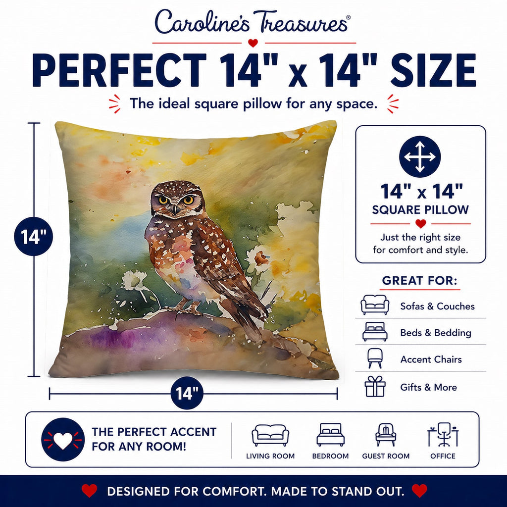 Burrowing Owl Wildlife Portrait Decorative Throw Pillow 14x14 Indoor Outdoor Accent Cushion, Fabric Cover with Insert for Sofa, Bed, Porch & Living Room