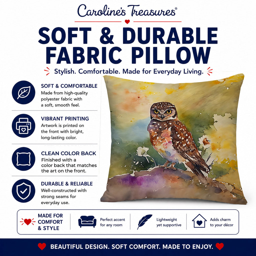 Burrowing Owl Wildlife Portrait Decorative Throw Pillow 18x18 Indoor Outdoor Accent Cushion, Fabric Cover with Insert for Sofa, Bed, Porch & Living Room