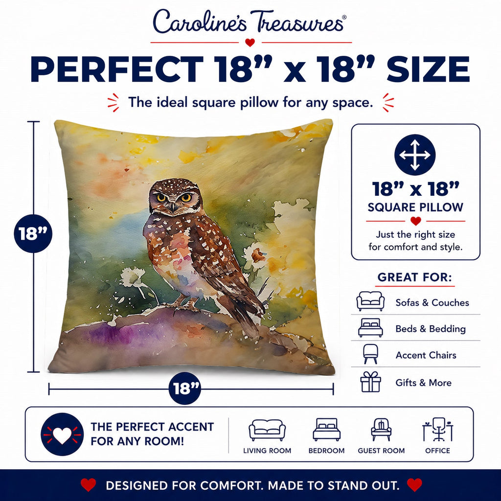 Burrowing Owl Wildlife Portrait Decorative Throw Pillow 18x18 Indoor Outdoor Accent Cushion, Fabric Cover with Insert for Sofa, Bed, Porch & Living Room