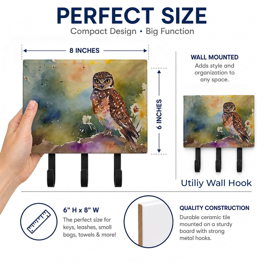 Burrowing Owl Wildlife Portrait Leash or Key Holder Wall Hooks, Coat Rack Wall Mount, for Hanging Keys, Towels, Aprons, Leashes