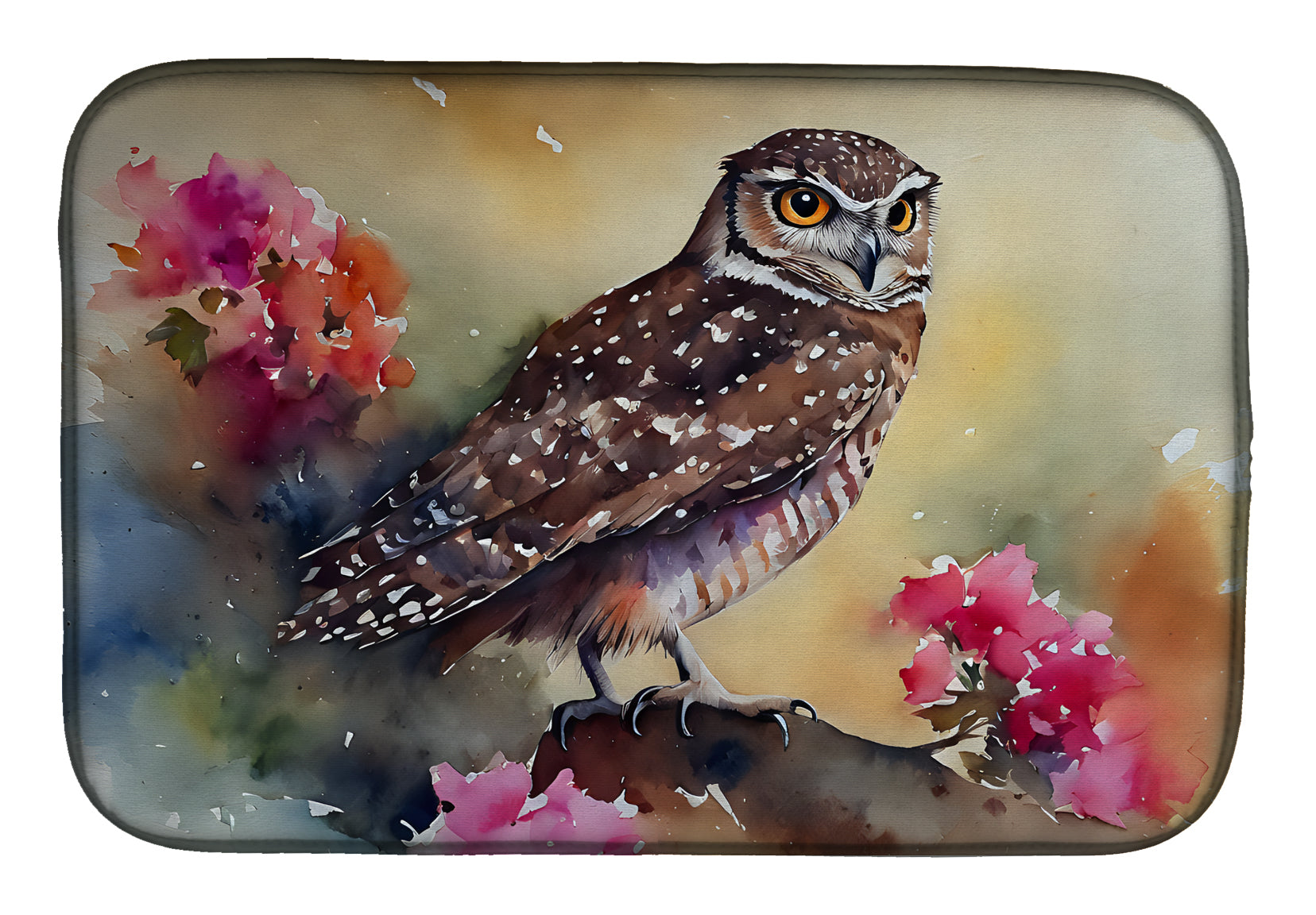 Burrowing Owl with Flowers Dish Drying Mat Absorbent Dish Drying Mat Pad for Kitchen Counter Dish Drainer Mat for Countertop, 14 x 21", Multicolor