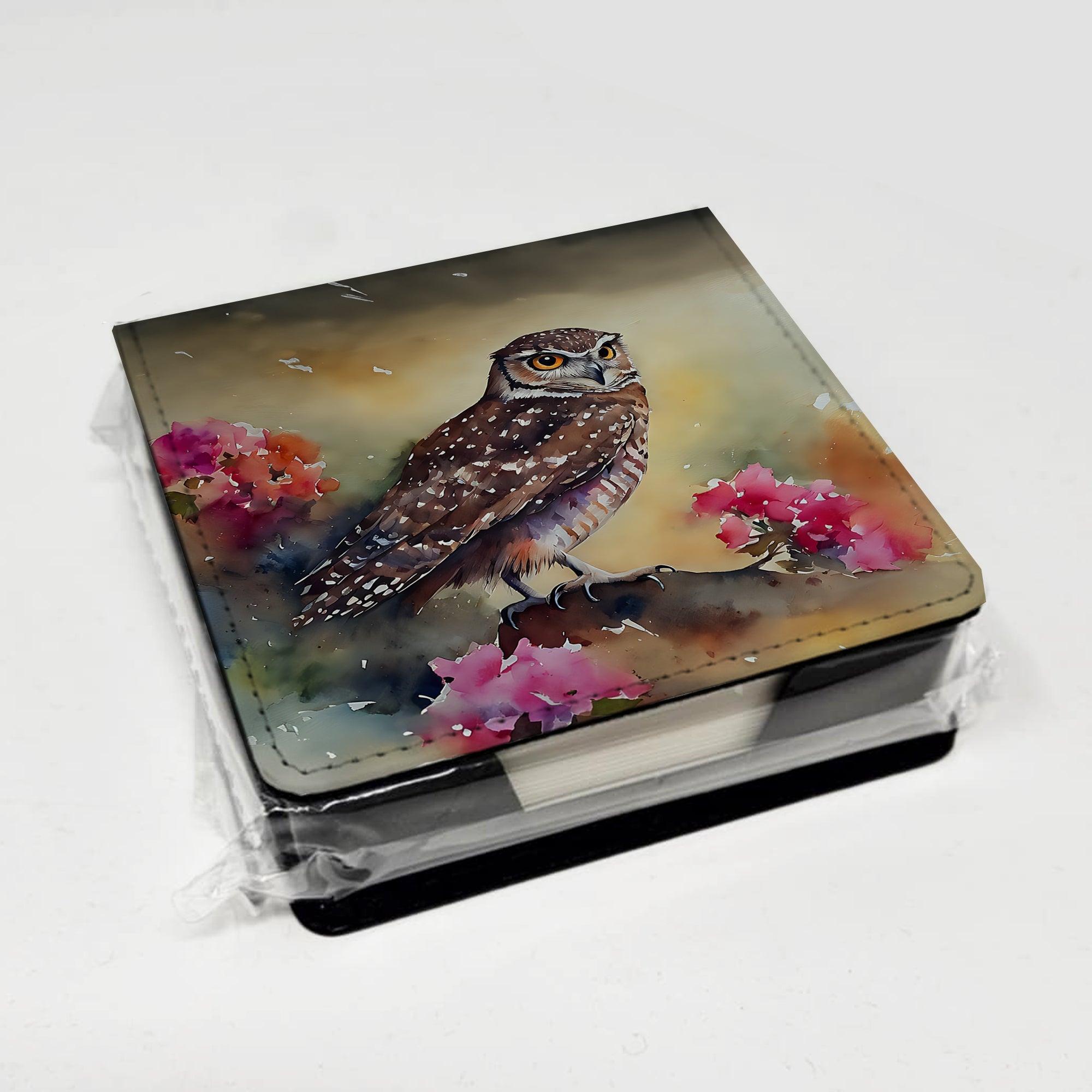Burrowing Owl with Flowers PU Leather Note Paper Holder with Artist-Designed Cover, Desk Accessory, Office Gift