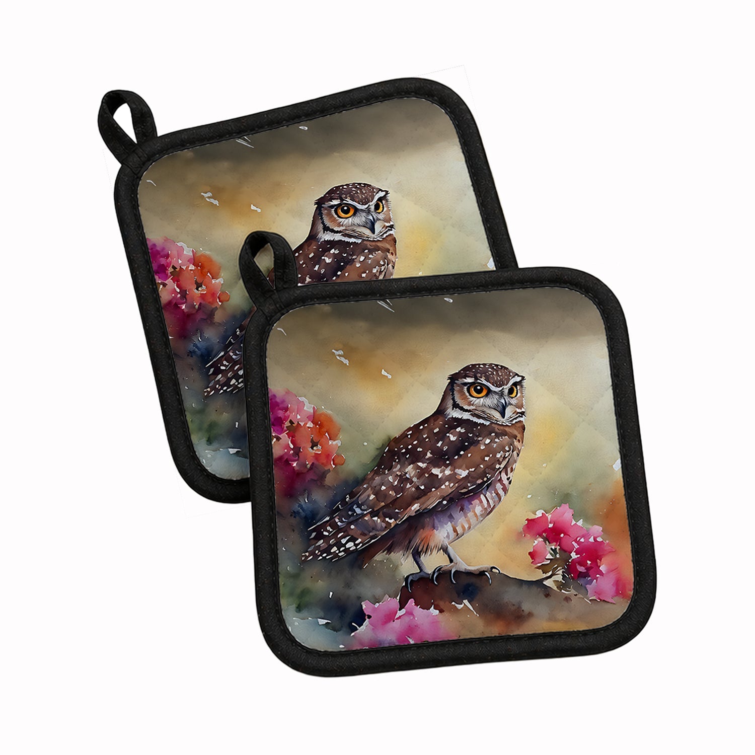 Burrowing Owl with Flowers Pot Holder Set of 2 Heat Resistant Quilted Hot Pads 7.5 x 7.5 Inch, Insulated Kitchen Trivets for Cooking & Baking