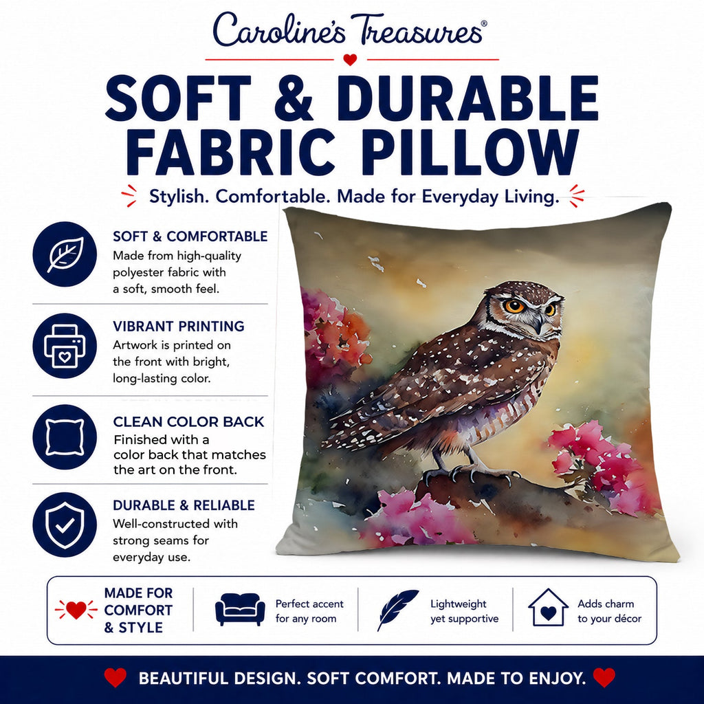Burrowing Owl with Flowers Decorative Throw Pillow 18x18 Indoor Outdoor Accent Cushion, Fabric Cover with Insert for Sofa, Bed, Porch & Living Room