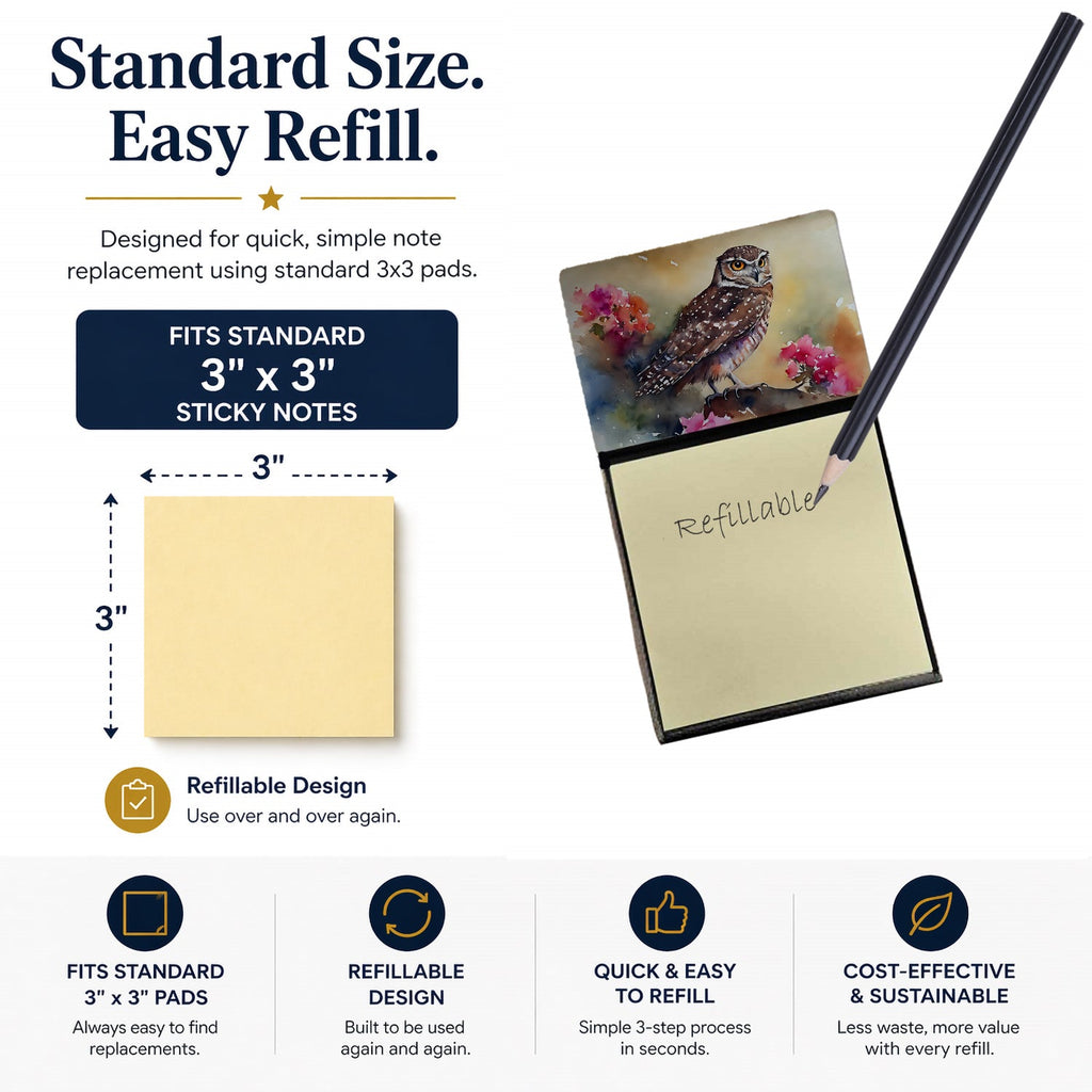 Burrowing Owl with Flowers Watercolor Sticky Note Holder Refillable Dispenser Desk Accessory 3x3 Pad Gift