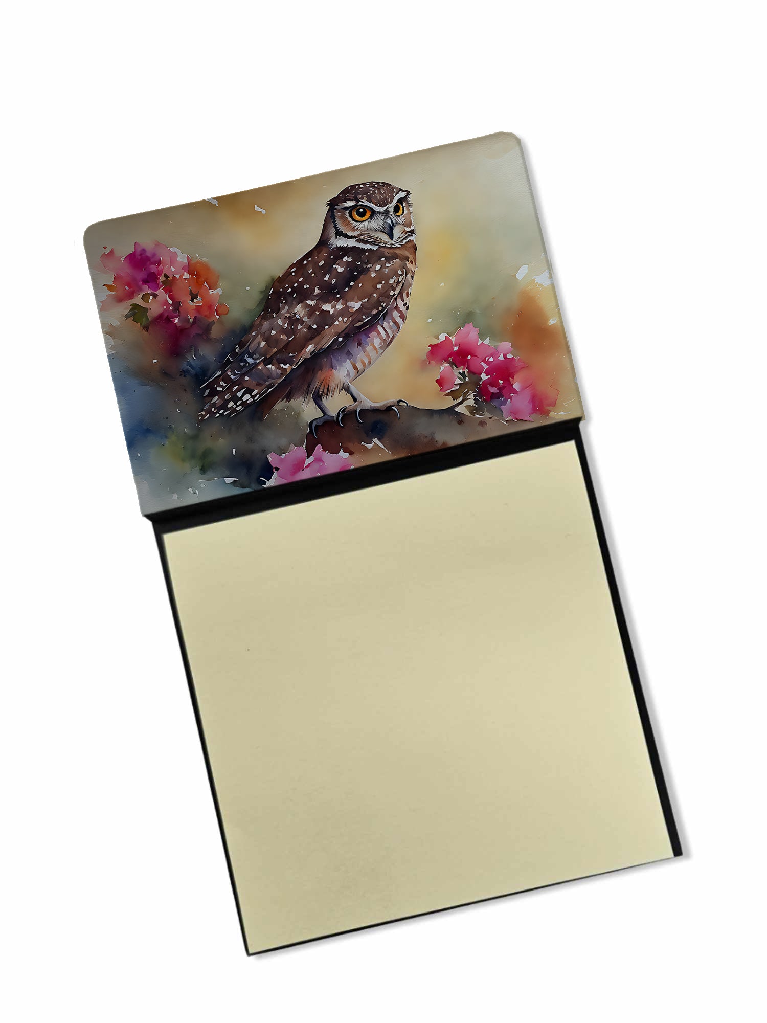 Burrowing Owl with Flowers Watercolor Sticky Note Holder Refillable Dispenser Desk Accessory 3x3 Pad Gift