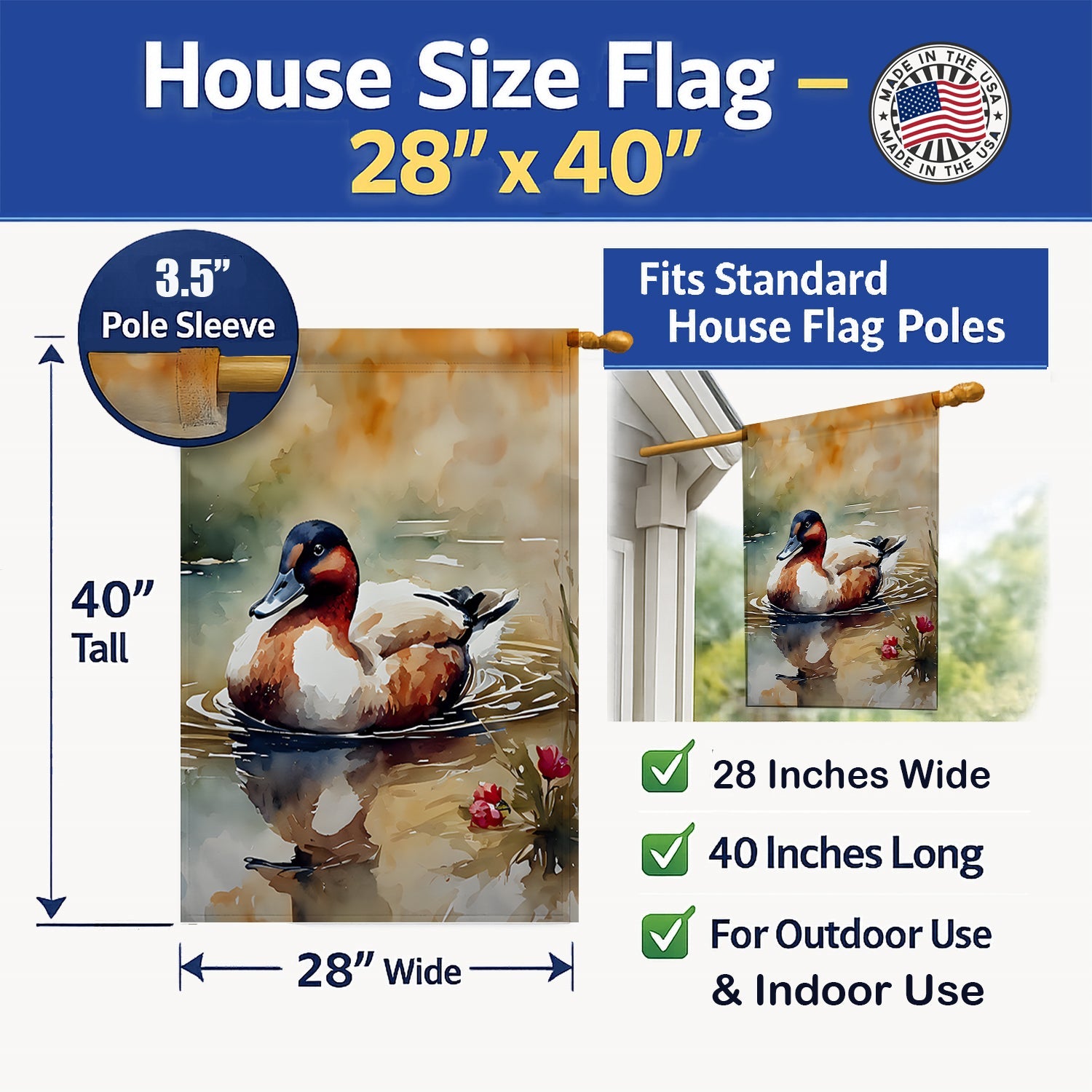 Canvasback Duck Swimming Pond Wildlife House Flag 28x40 Porch Sleeve Pole Decorative Outside Yard Banner Artwork Wall Hanging, Polyester
