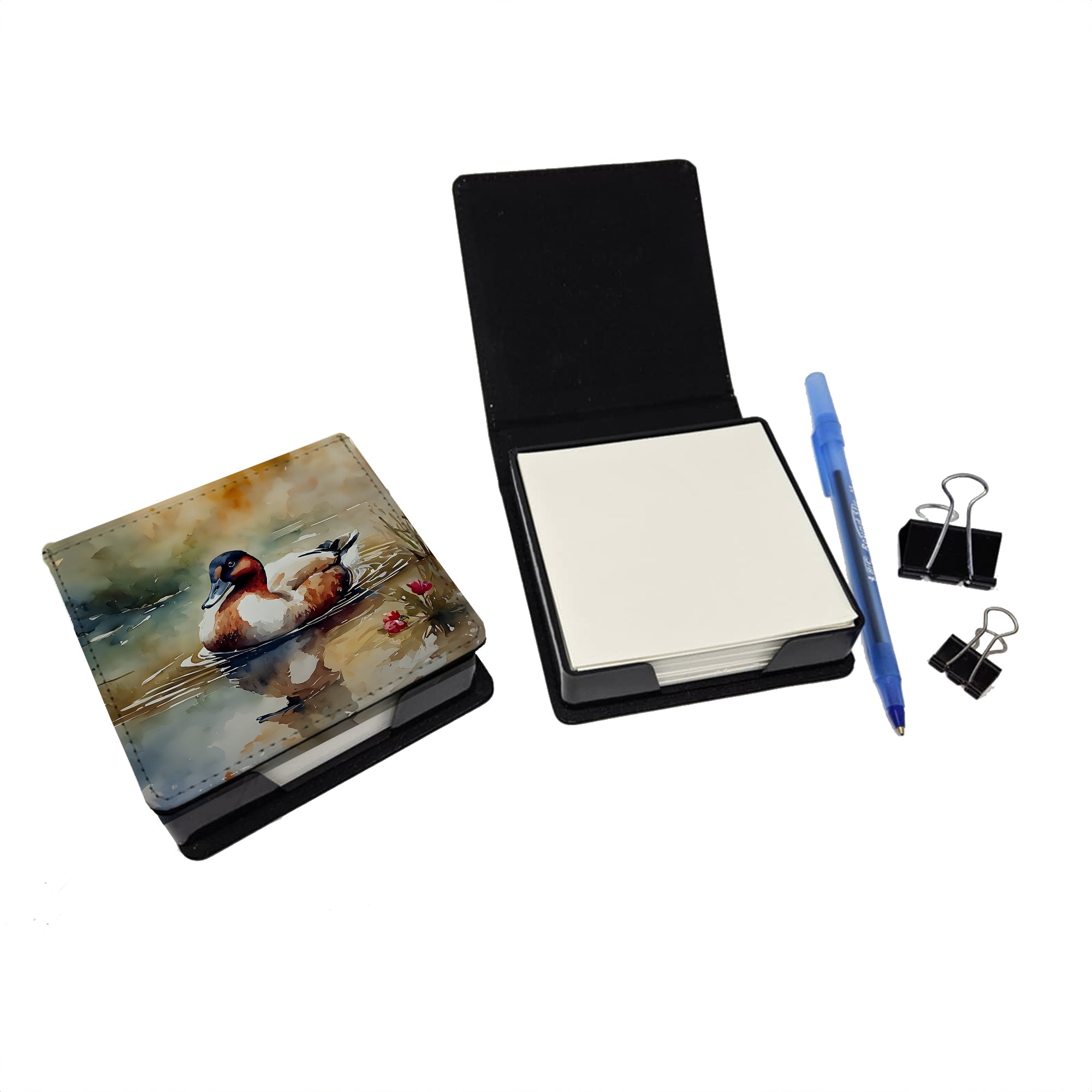 Canvasback Duck Swimming Pond Wildlife PU Leather Note Paper Holder with Artist-Designed Cover, Desk Accessory, Office Gift