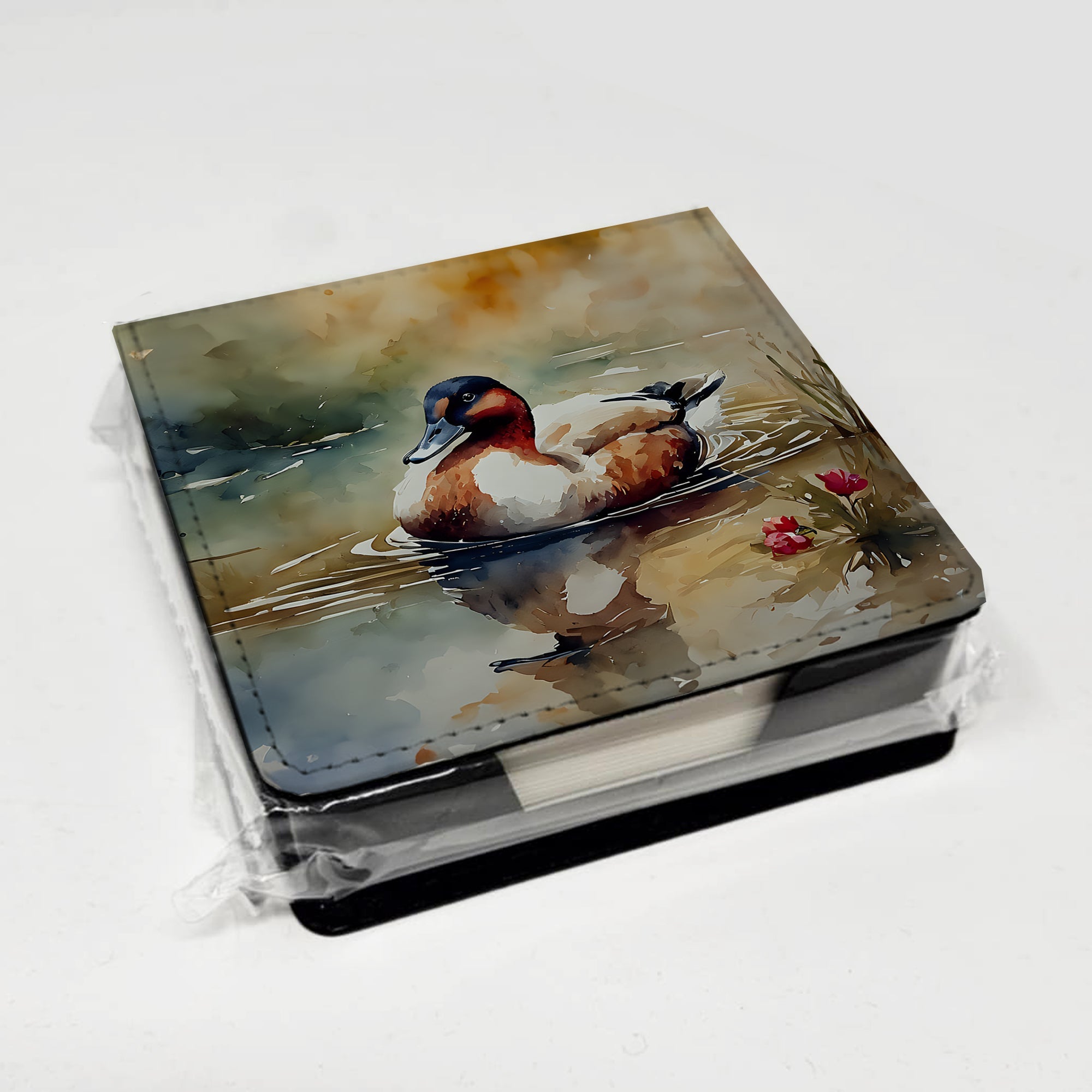 Canvasback Duck Swimming Pond Wildlife PU Leather Note Paper Holder with Artist-Designed Cover, Desk Accessory, Office Gift