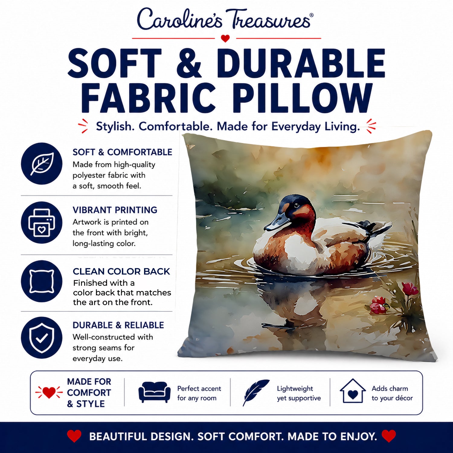 Canvasback Duck Swimming Pond Wildlife Decorative Throw Pillow 14x14 Indoor Outdoor Accent Cushion, Fabric Cover with Insert for Sofa, Bed, Porch & Living Room