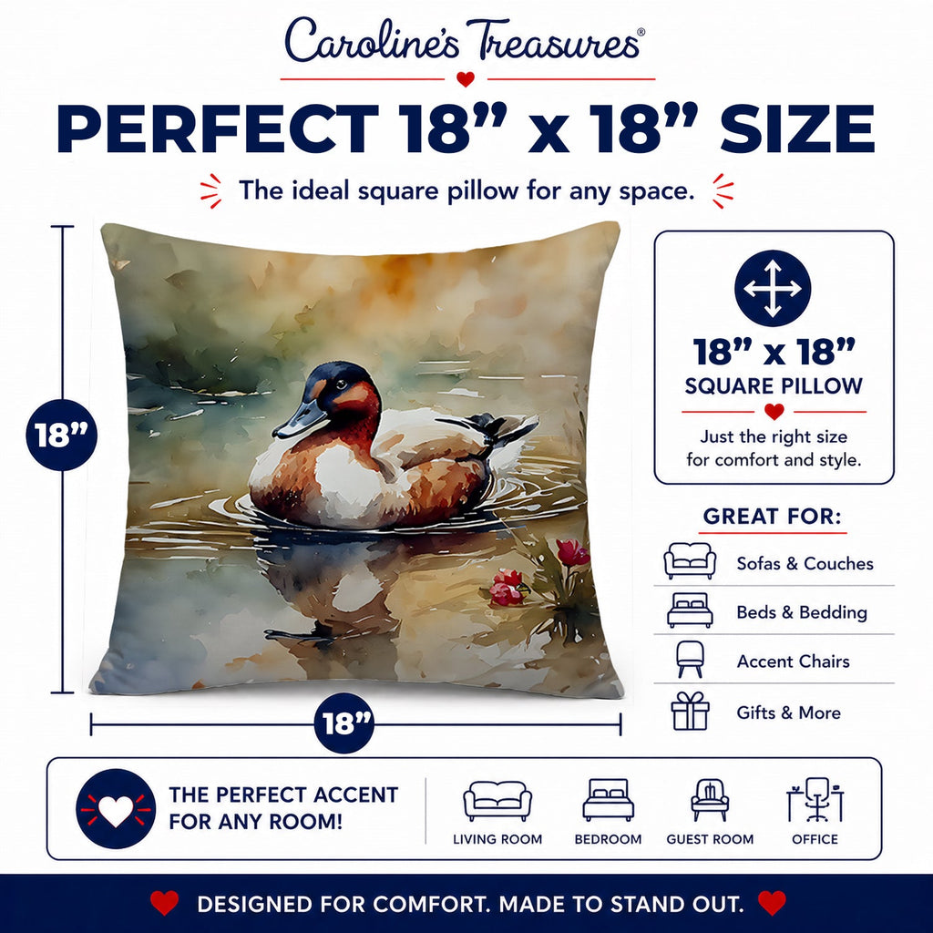 Canvasback Duck Swimming Pond Wildlife Decorative Throw Pillow 18x18 Indoor Outdoor Accent Cushion, Fabric Cover with Insert for Sofa, Bed, Porch & Living Room